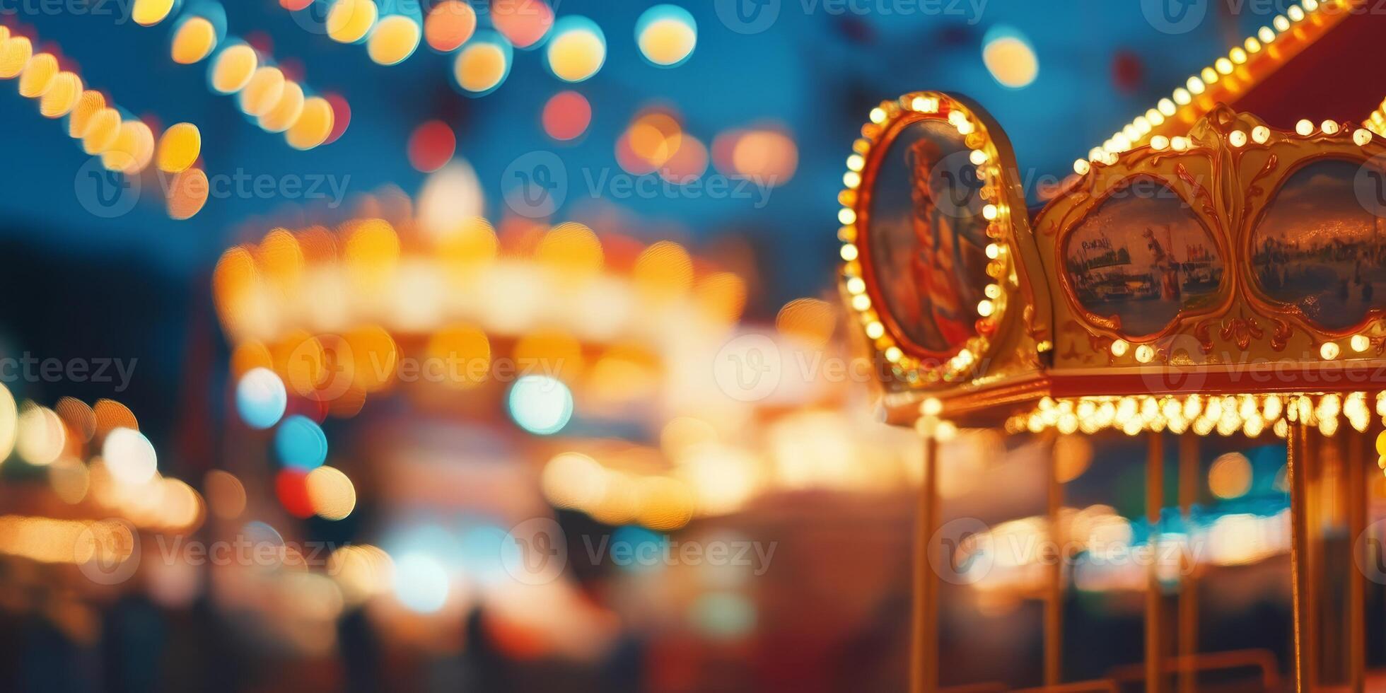 A wonderfully blurred image beautifully capturing the whimsical essence of a carousel at an amusement park, which is adorned with magical bokeh lights that illuminate the enchanting evening sky photo
