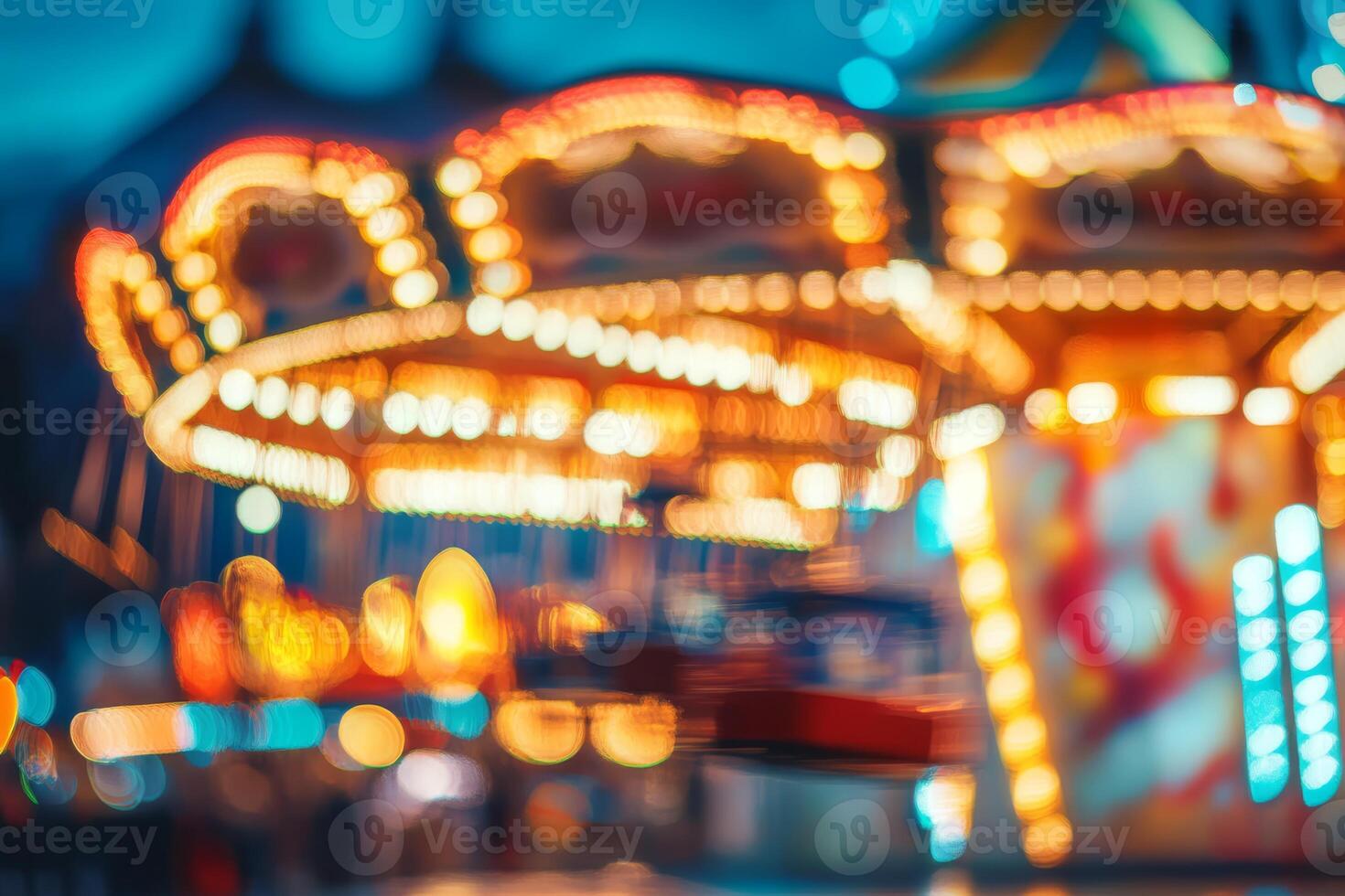 A beautifully blurred view of a colorful carousel at an amusement park, framed by vibrant bokeh lights that create a truly magical and enchanting evening atmosphere full of excitement and joy photo