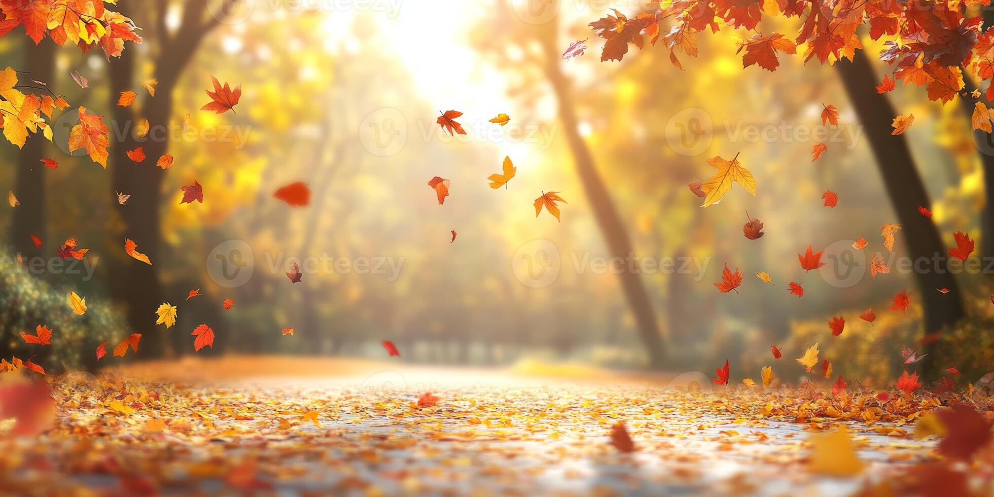 In a picturesque autumn park, vibrant orange and red leaves gently drift from tall trees, catching the sunlight beautifully and creating a breathtaking scene to enjoy during this lovely fall season photo