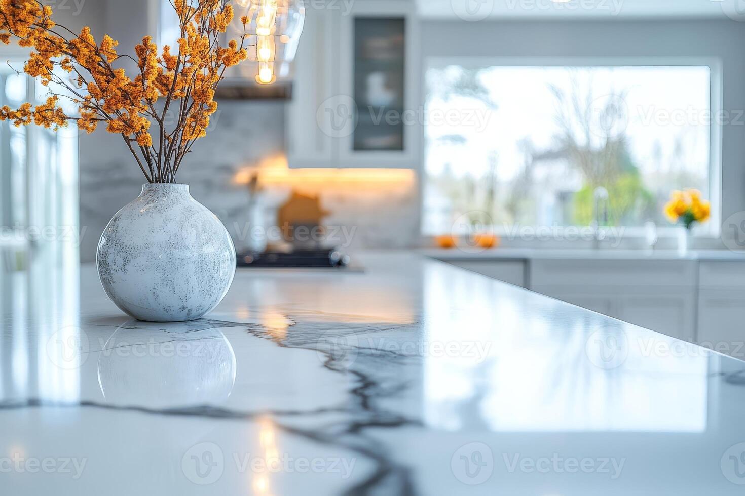 This is a beautifully bright and modern kitchen, showcasing a stunning marble countertop along with stylish decor that together create a truly inviting atmosphere for anyone who enters photo