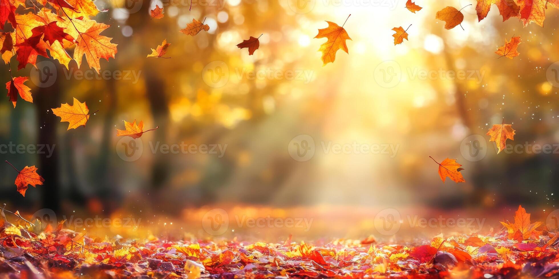 In this serene autumn park, vibrant orange and deep red leaves create a stunning display, as warm sunlight filters through trees, crafting a peaceful moment that invites tranquility and reflection photo