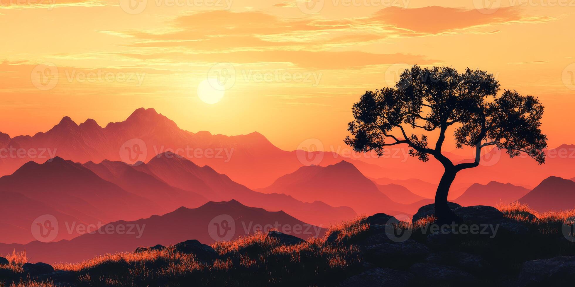 A beautifully tranquil sunset scene, showcasing a solitary tree perfectly set against a picturesque backdrop of majestic mountains, thus creating an incredibly peaceful and serene rural atmosphere photo