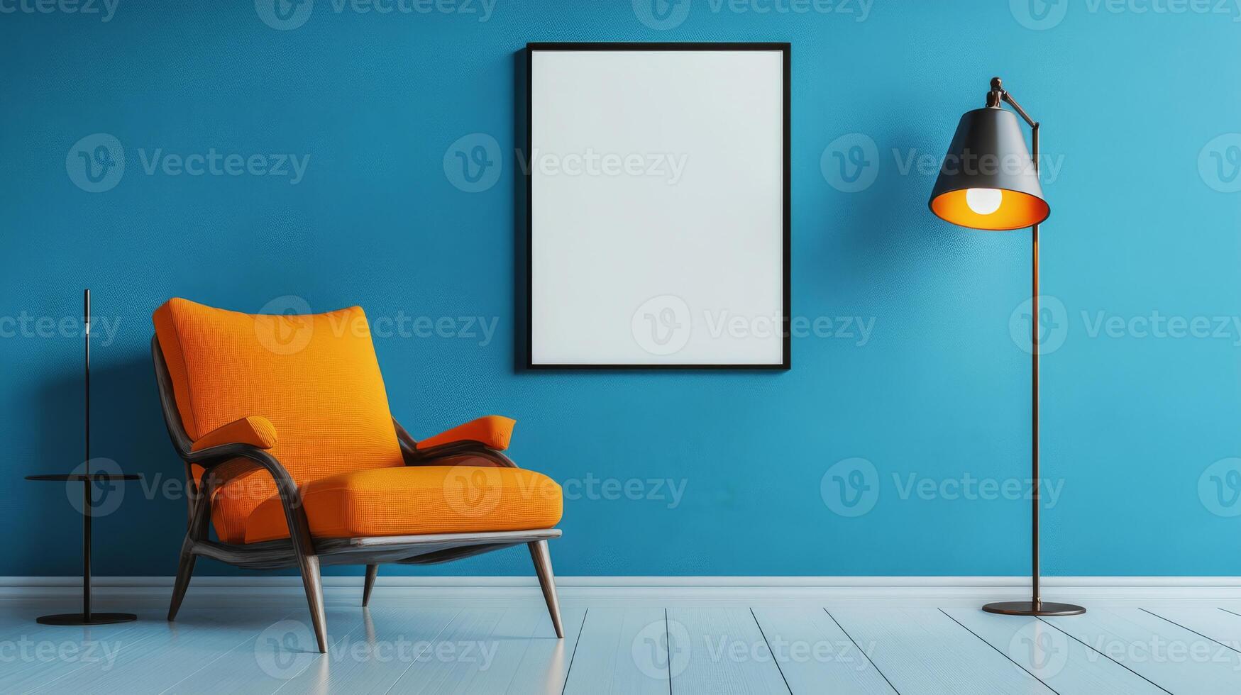 A stylish and vibrant living room showcasing an orange couch, minimalistic decor, and a lively blue wall, serving as an ideal source of inspiration for contemporary home design projects photo
