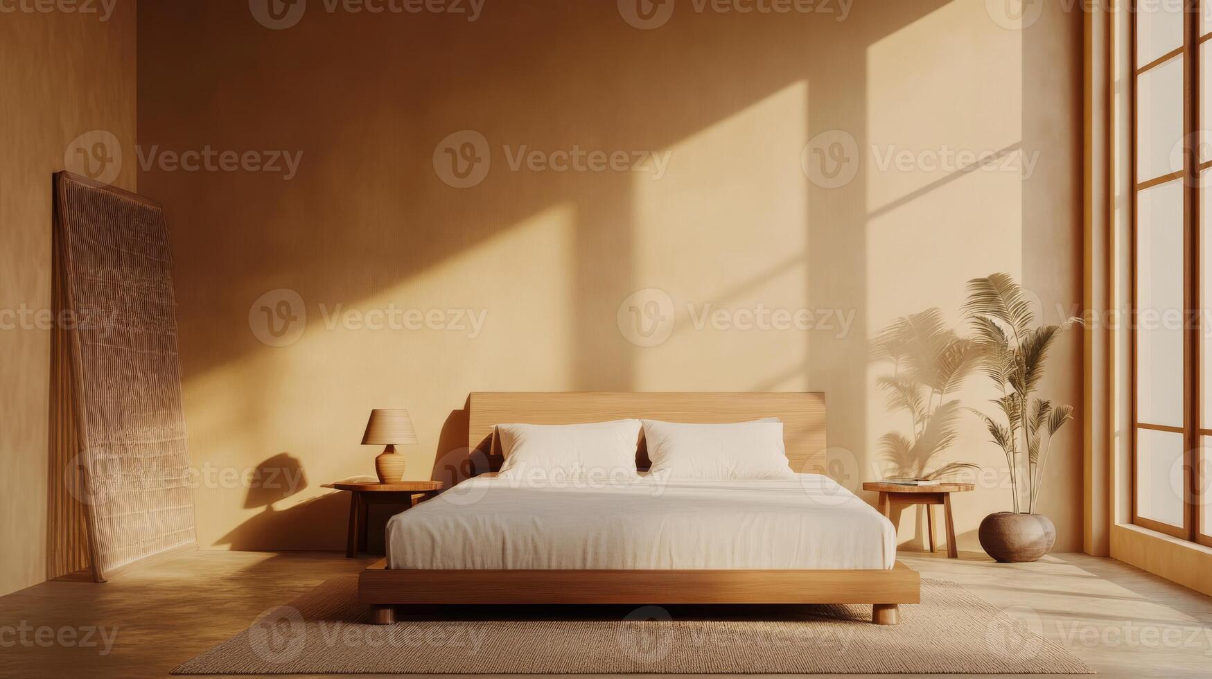 Imagine a serene bedroom with a beautifully crafted wooden bed and soft beige pillows, creating a cozy atmosphere for unwinding after a long, exhausting day of responsibilities and stress photo