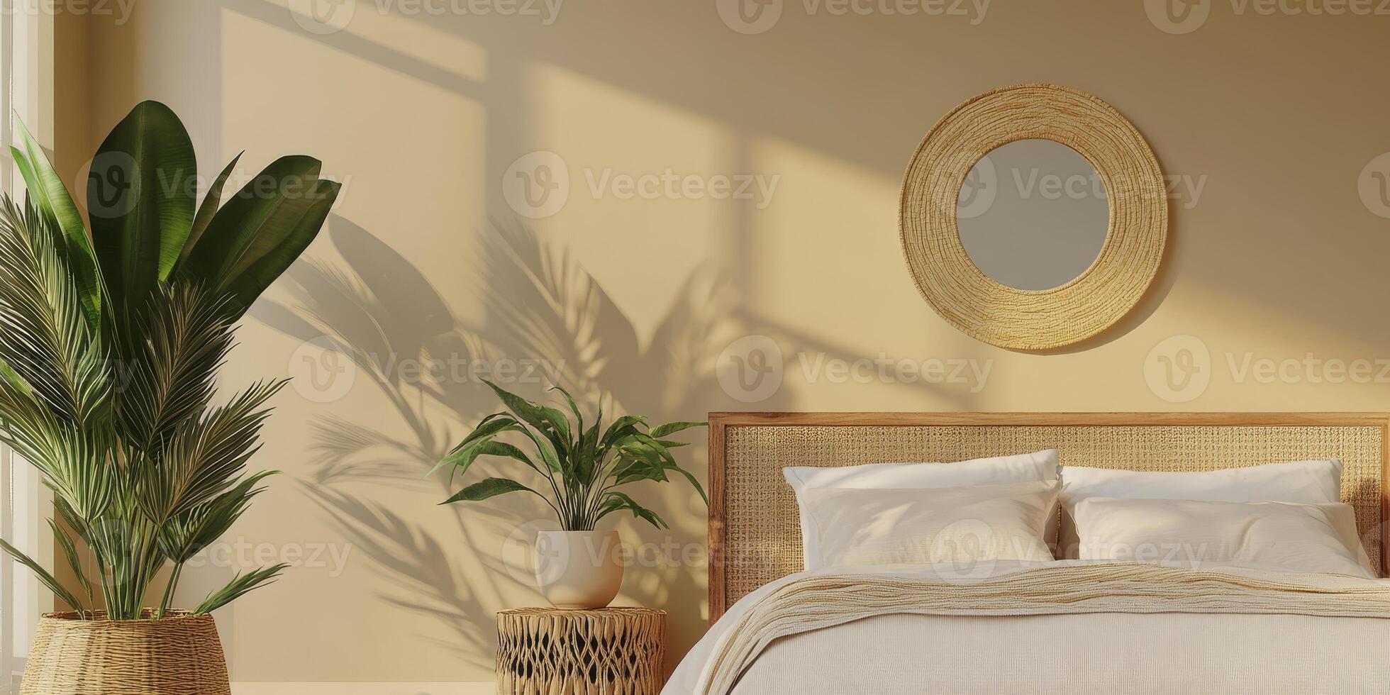 Step into this tranquil bedroom that boasts a soothing warm beige color scheme, complemented by a beautiful wooden bed and vibrant lush greenery, all contributing to a calming and peaceful atmosphere photo