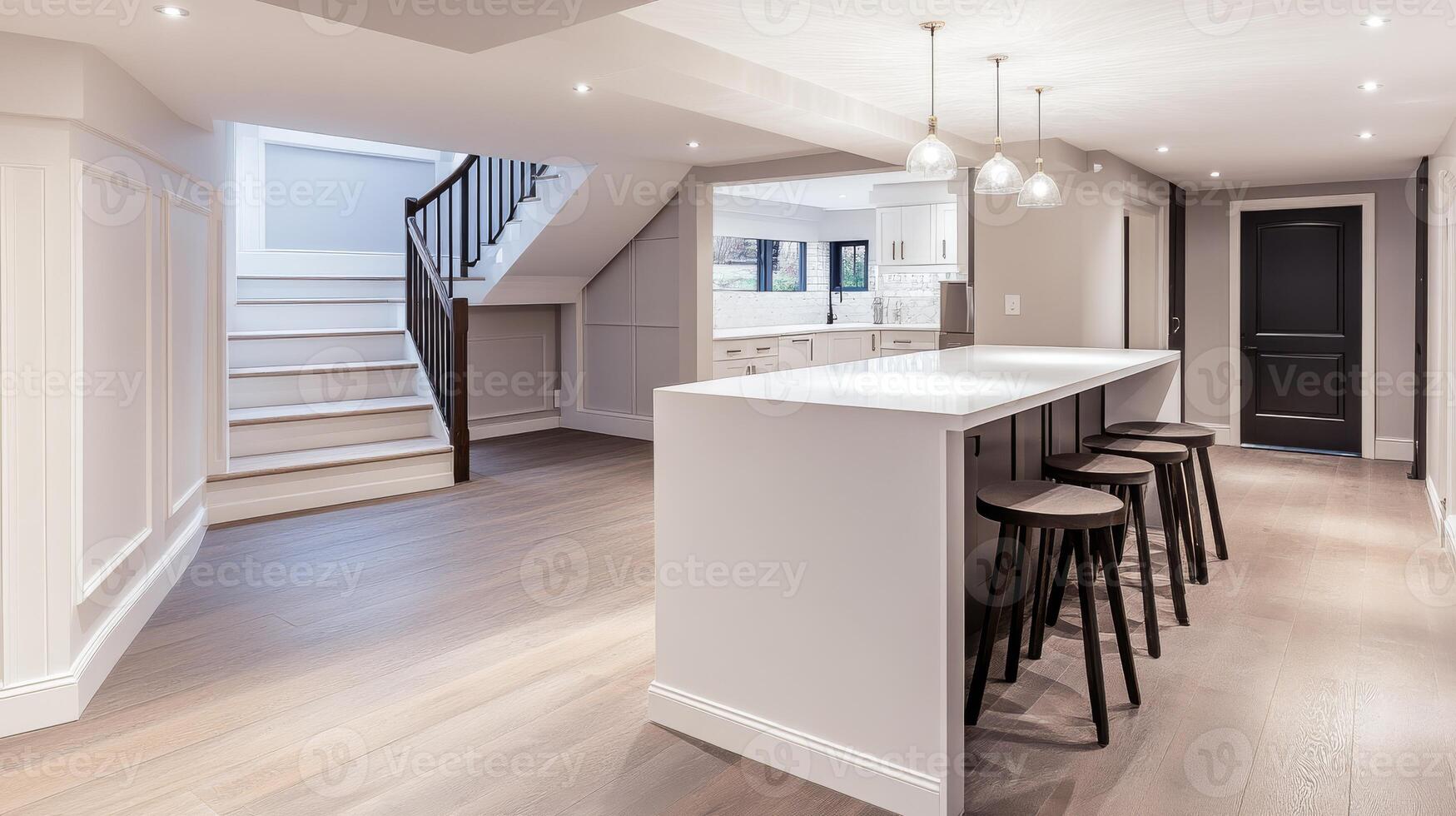 The completed basement renovation features a modern design with an open layout and minimalist style, creating a cozy, functional space that beautifully blends aesthetics with practicality photo