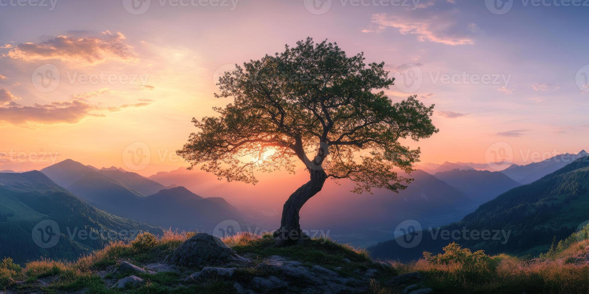 A serene landscape features a tree silhouette against a stunning sunset, framed by majestic mountains and lush fields, embodying natural beauty and offering peace to all who see it photo
