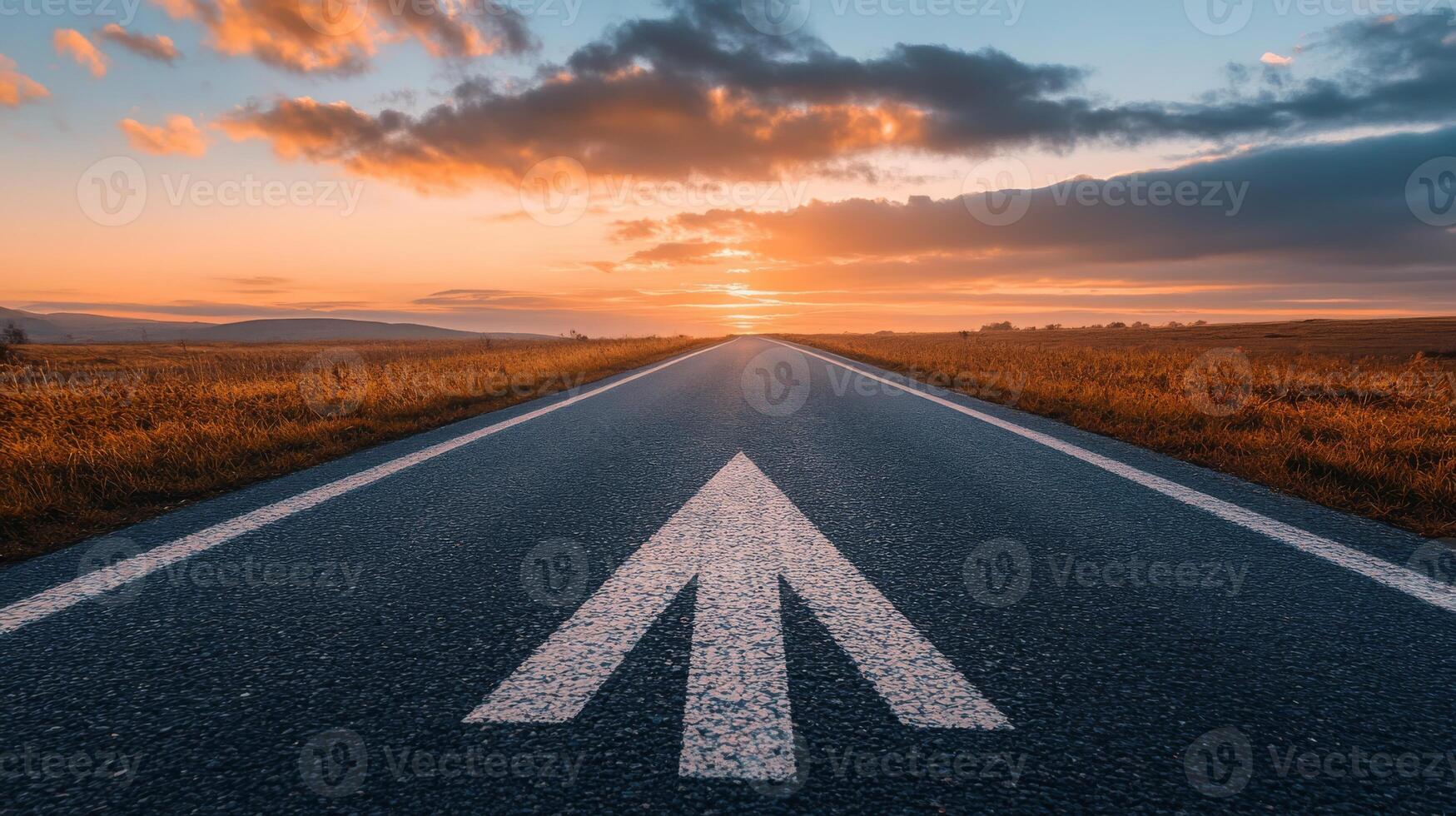 A scenic road stretches far into the horizon, beautifully marked by a clear arrow symbol, which signifies direction and progress as the vibrant sun sets peacefully behind the landscape photo