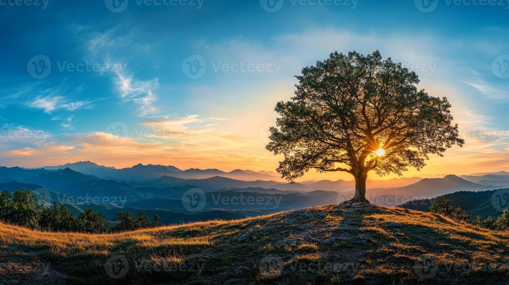 A stunning sunset illuminates a solitary tree on a picturesque hill, casting beautiful shadows against the vibrant sky and majestic mountains, creating a serene atmosphere for nature appreciation photo