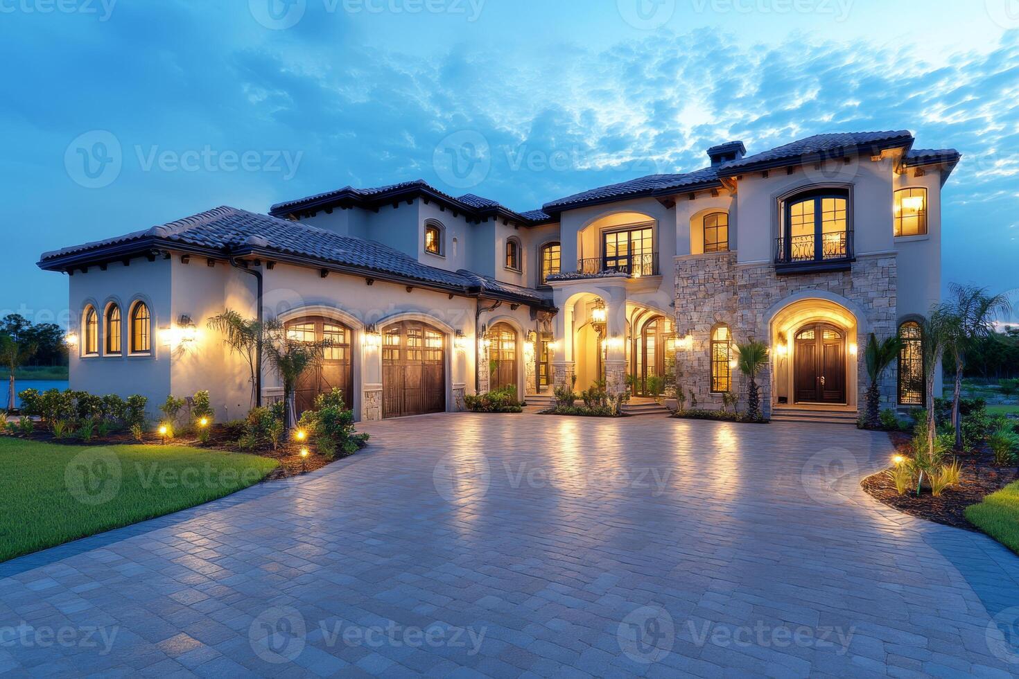 This Miami home boasts a stylish brick driveway, lush landscaping with elegant palms, and a spacious garage, merging luxury and modern design for an inviting atmosphere for residents and guests photo