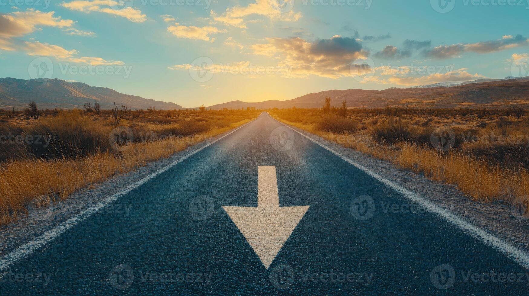 A smooth asphalt road leads to a vibrant sunset, symbolizing our progress and the journey ahead, with a clear arrow directing us toward our unwavering determination and life goals photo