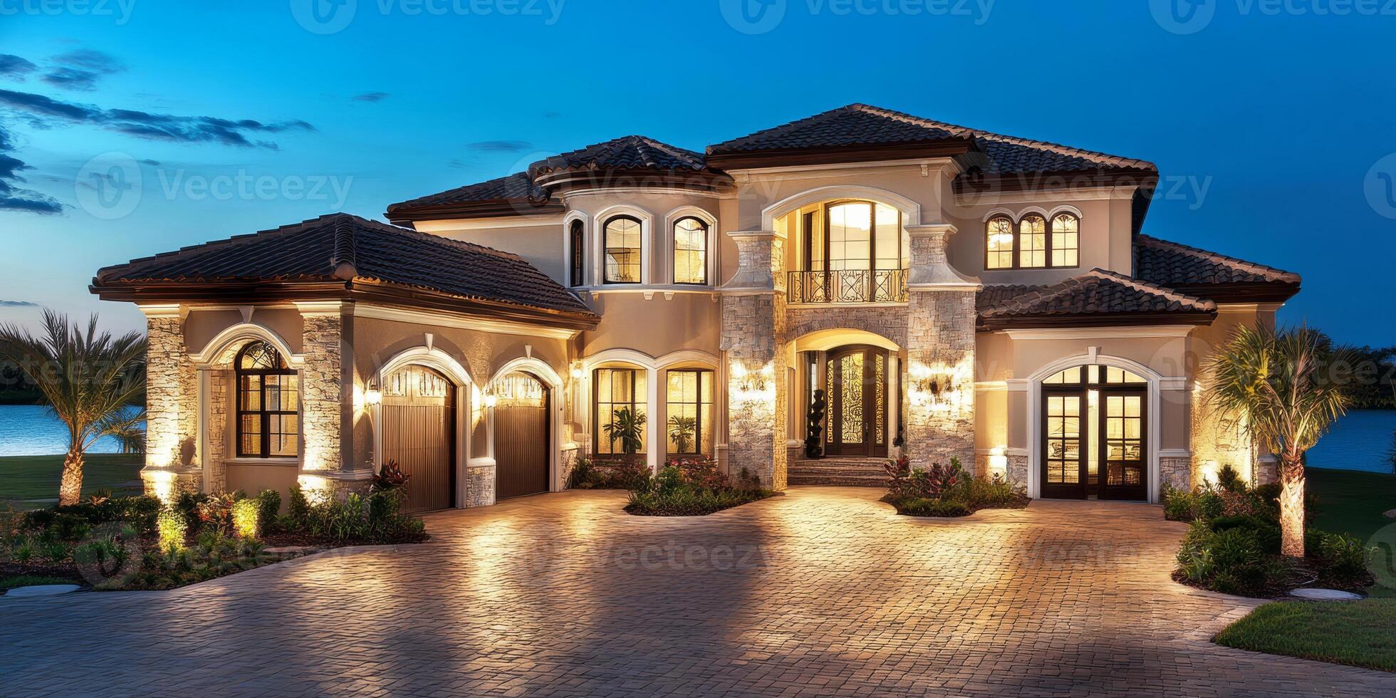 This beautiful modern home in Miami features an elegant brick driveway, lush palm trees, and a spacious garage, all illuminated against a breathtaking evening sky for a picturesque view photo
