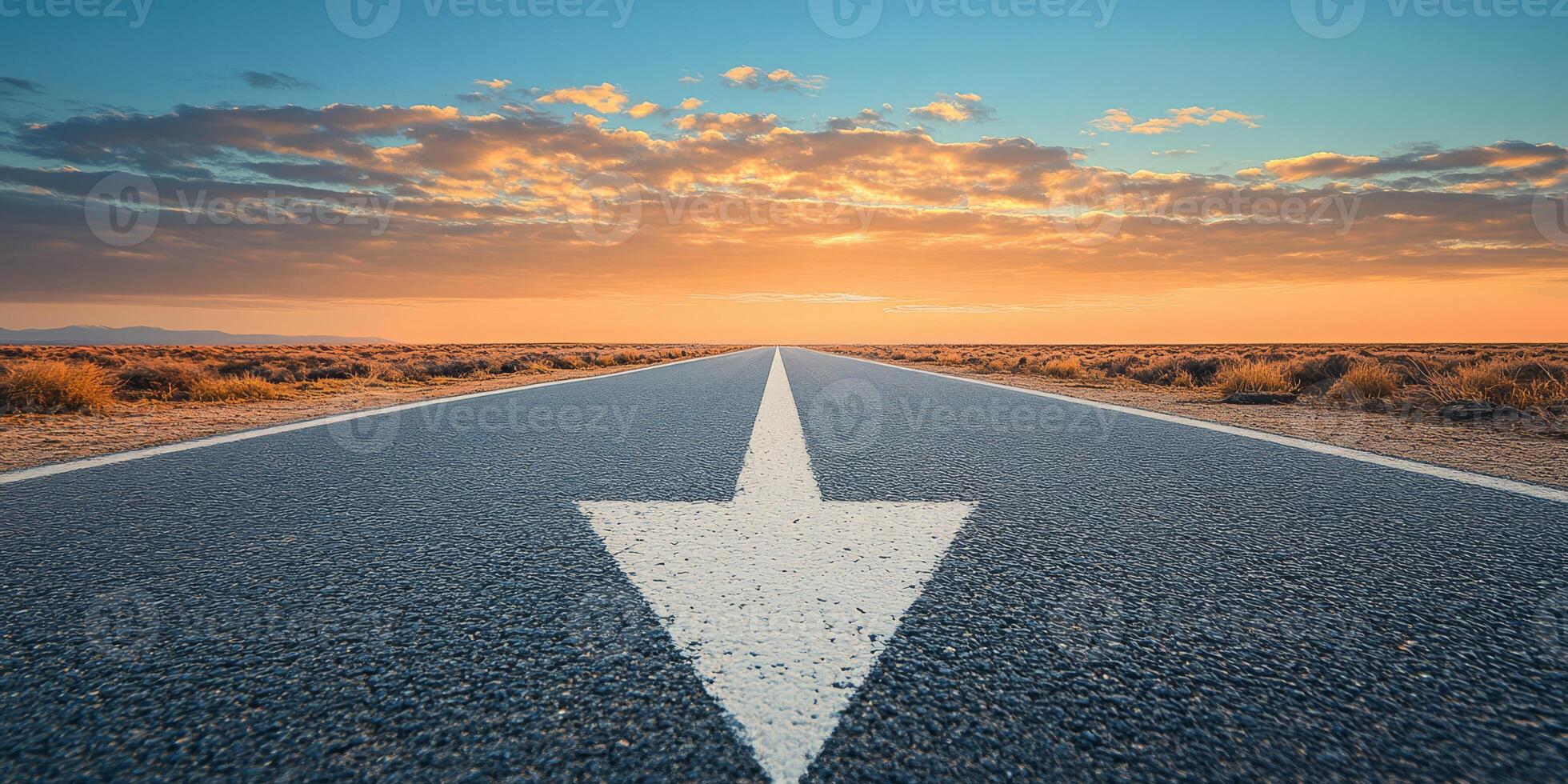 An asphalt highway symbolizes progress and adventure, framed by a stunning sunset that ignites our desire to explore and highlights the limitless possibilities in our upcoming journeys photo