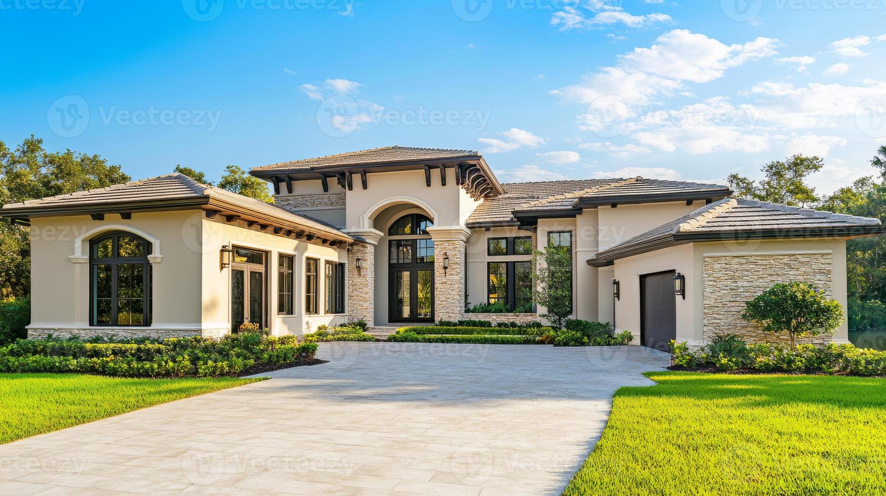 Explore a stunning modern home in vibrant Miami, featuring a beautiful brick driveway, colorful landscaping, tall palm trees, and a stylish garage door that enhances the propertys unique charm photo
