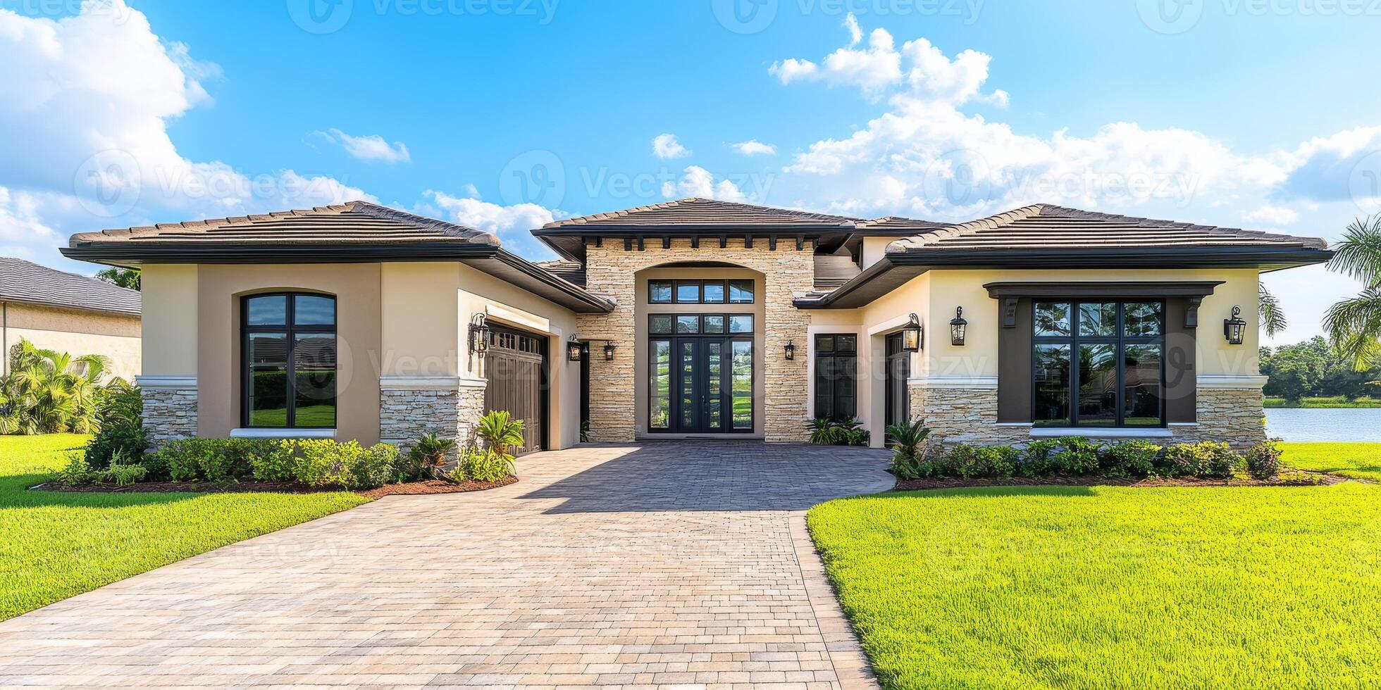This beautiful Miami home features a charming brick driveway, lush palm trees, and exquisite landscaping, ideal for those seeking an upscale lifestyle near serene waters and a tranquil atmosphere photo