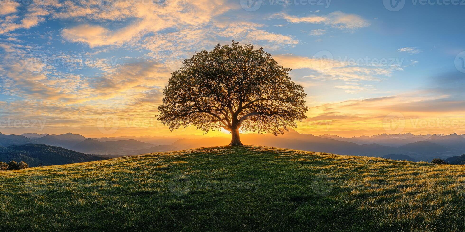 In this serene landscape, a solitary tree stands tall against a vibrant sunset of golden hues, evoking calmness in the tranquil rural setting that embraces natures exquisite beauty photo