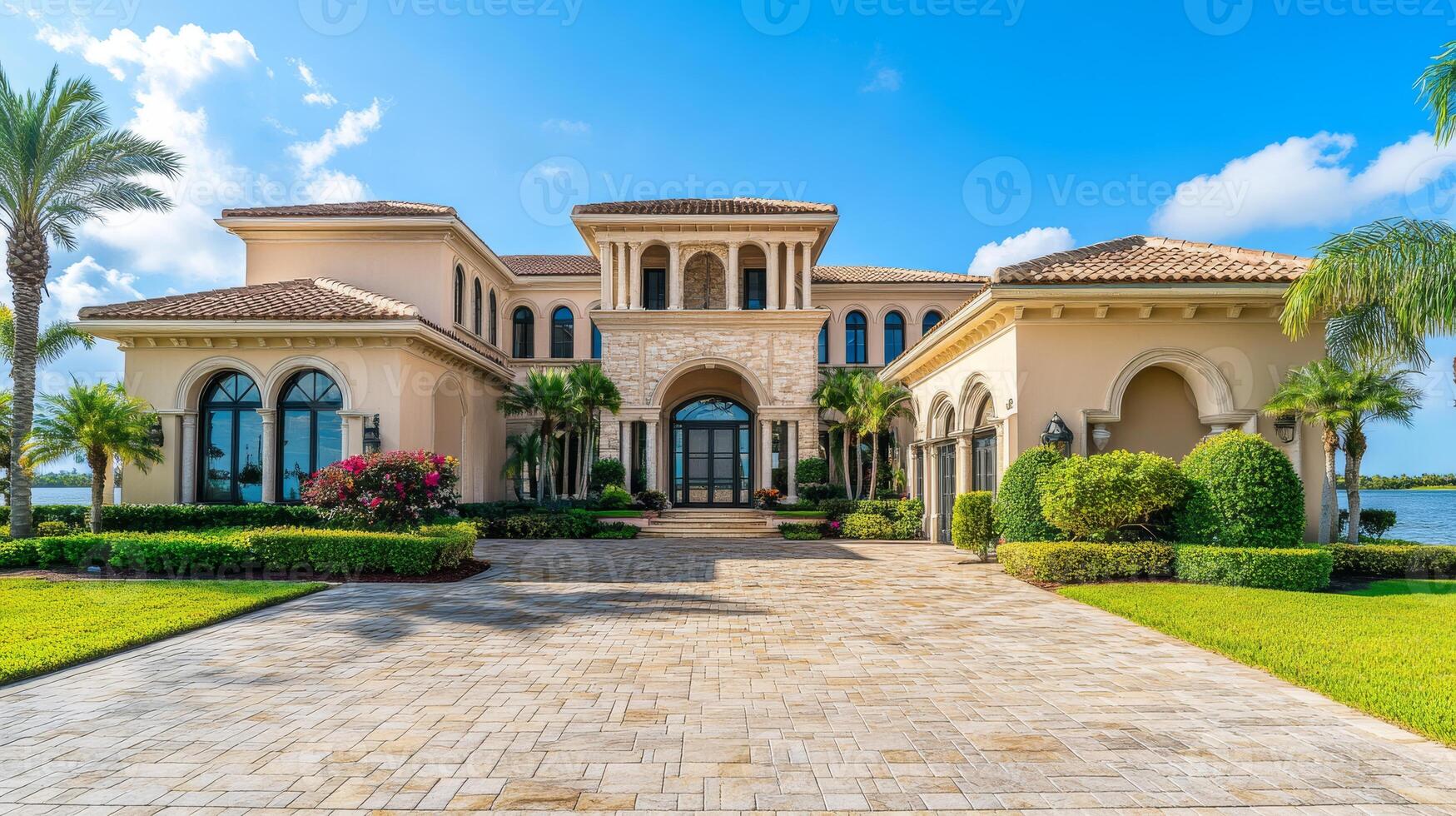 Explore this beautiful modern home in vibrant Miami, featuring a charming brick driveway, tropical landscaping, and elegant palm trees, all creating a comfortable ambiance by the serene waterfront photo