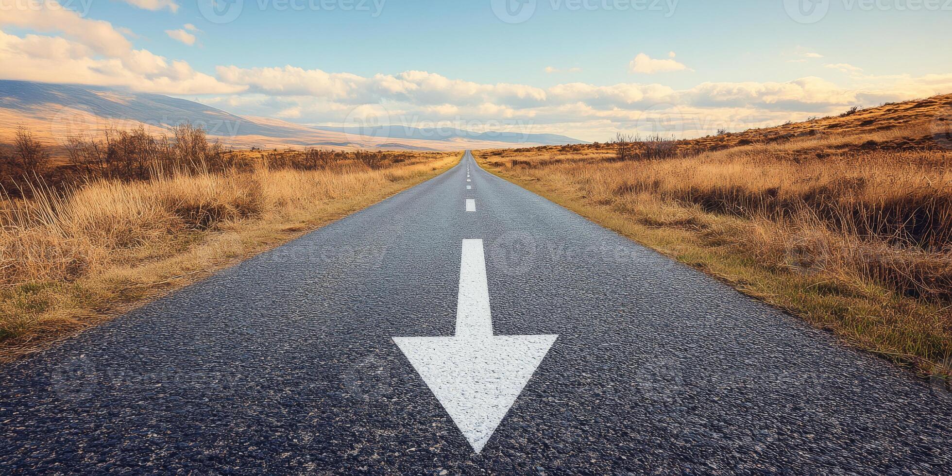 An expansive, empty asphalt road stretches out endlessly ahead, featuring a bold arrow, which symbolizes progress, the ongoing journey, and future directions against a stunning, picturesque sky decor photo