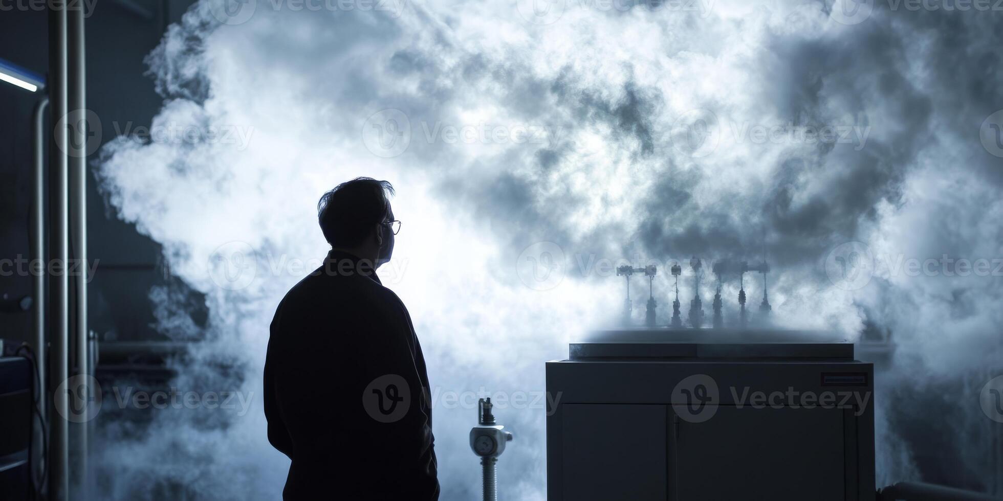 An enigmatic silhouette emerges from swirling smoke, evoking mystery and allure in a dark, atmospheric setting photo