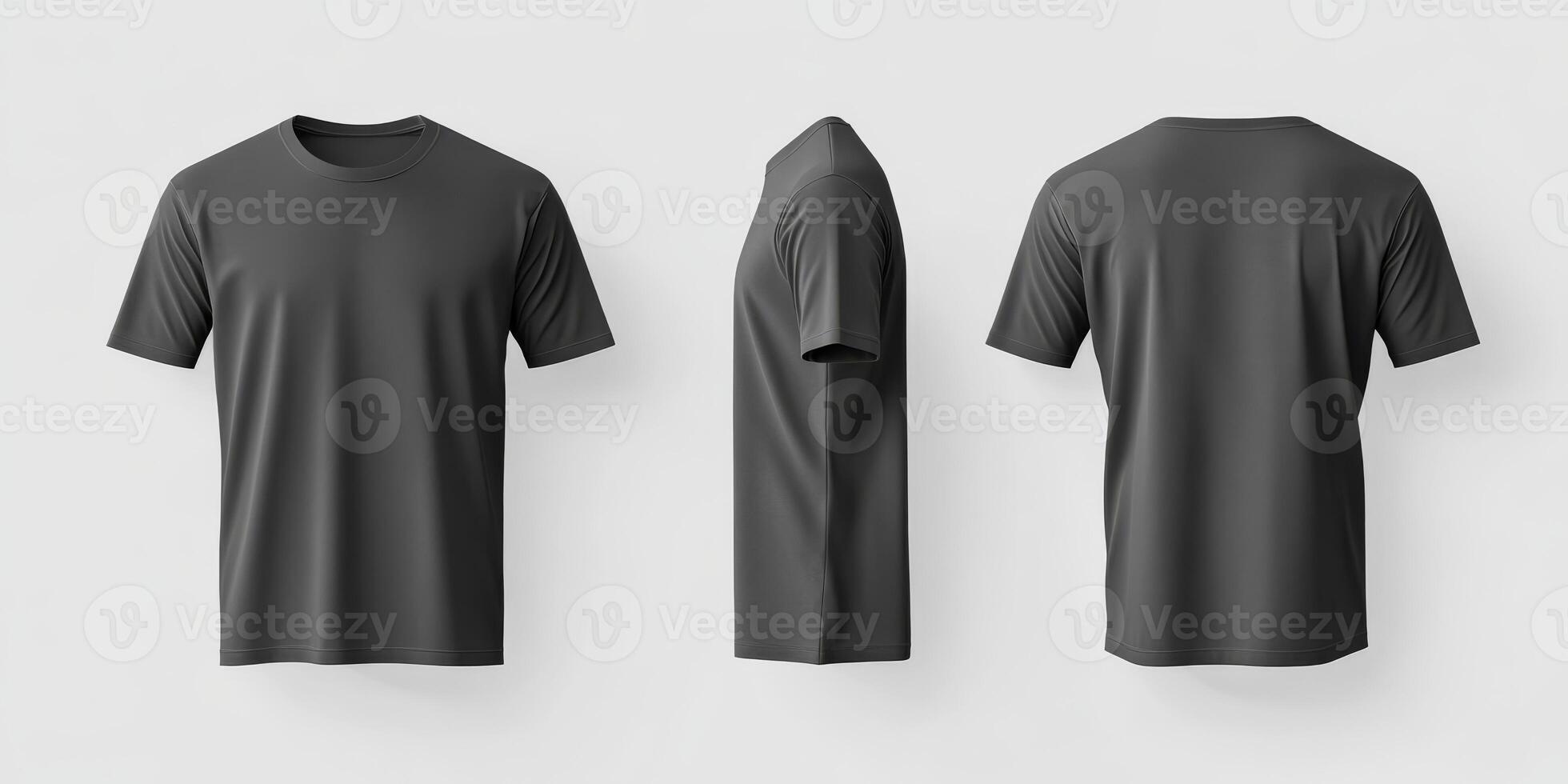 This stylish black tshirt mockup offers front, side, and back views, ideal for showcasing your casual apparel designs on highquality fabric for any clothing brands promotional efforts photo
