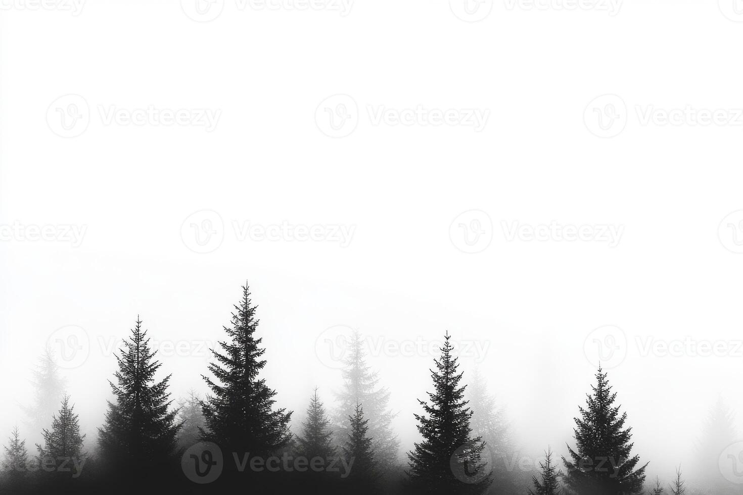 A peaceful and serene black silhouette of pine trees emerges against a soft, foggy white background, beautifully evoking a sense of tranquility and harmony within the wonders of nature photo