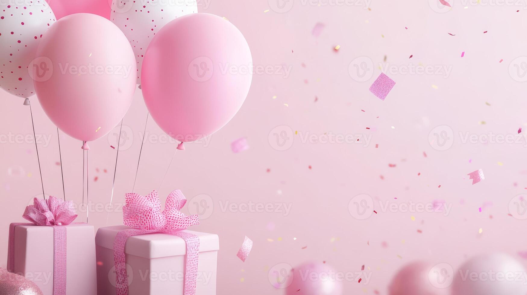 A delightful and cheerful pastel scene filled with pink balloons, beautifully wrapped gifts, and colorful confetti, making it perfect for a joyful celebration or festive event that brings happiness photo
