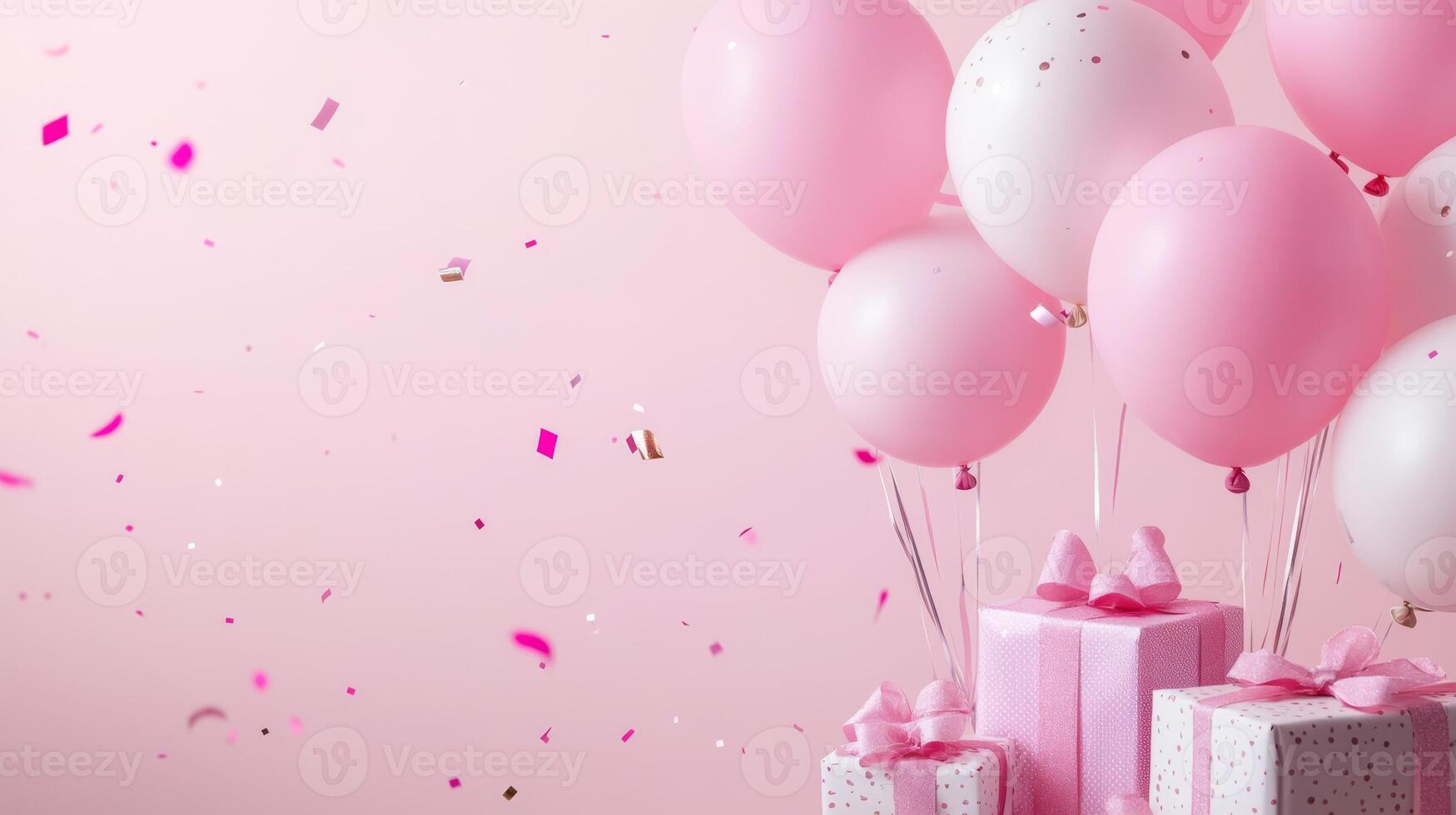 A cheerful pastel backdrop with vibrant pink balloons, colorful confetti, and wrapped gifts creates an inviting atmosphere for joyful celebrations, birthdays, and festive holidays photo