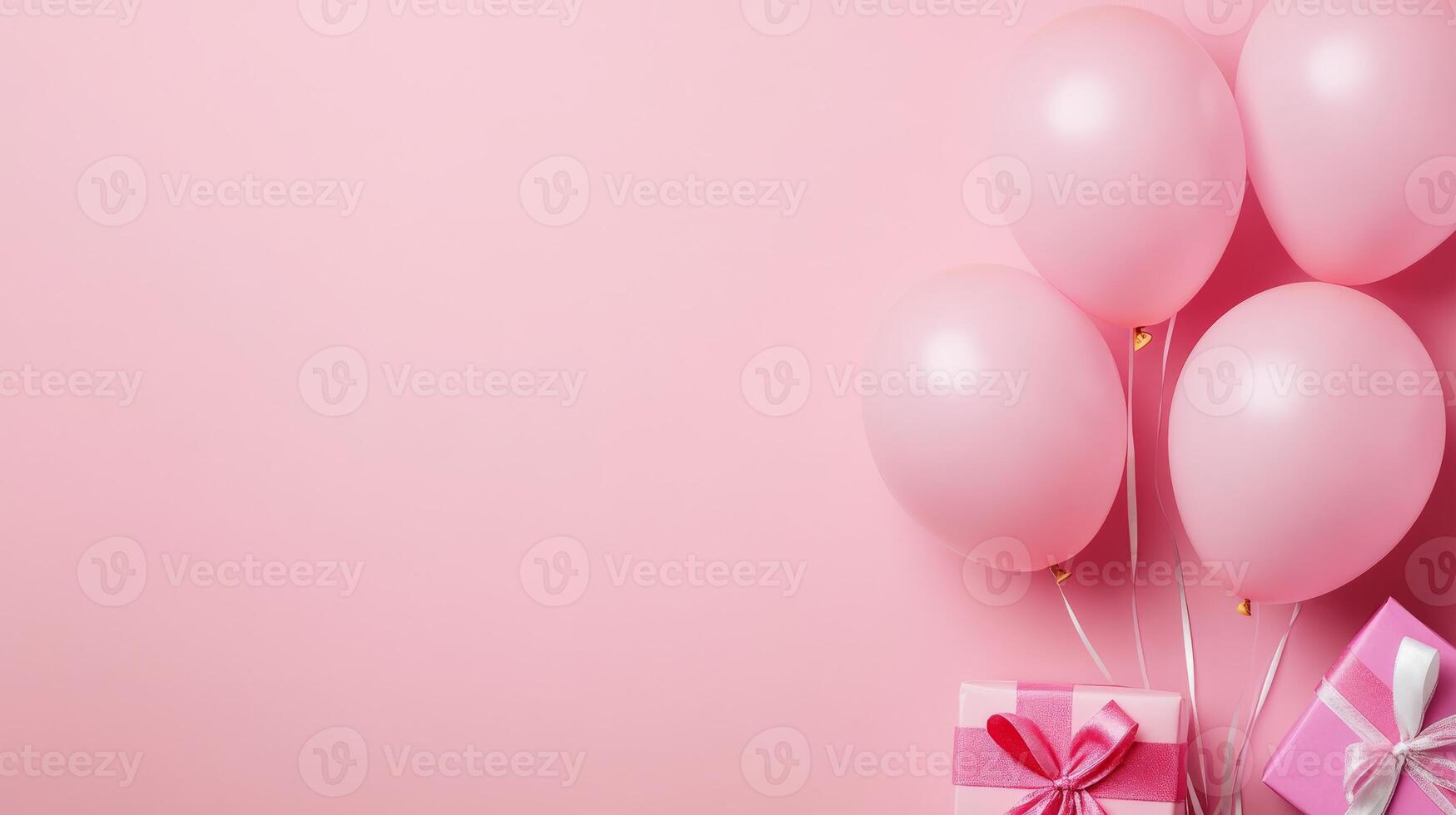 Imagine a vibrant pastel pink background adorned with an array of colorful balloons and beautifully wrapped gifts, perfect for crafting an exciting and festive atmosphere for any celebration photo