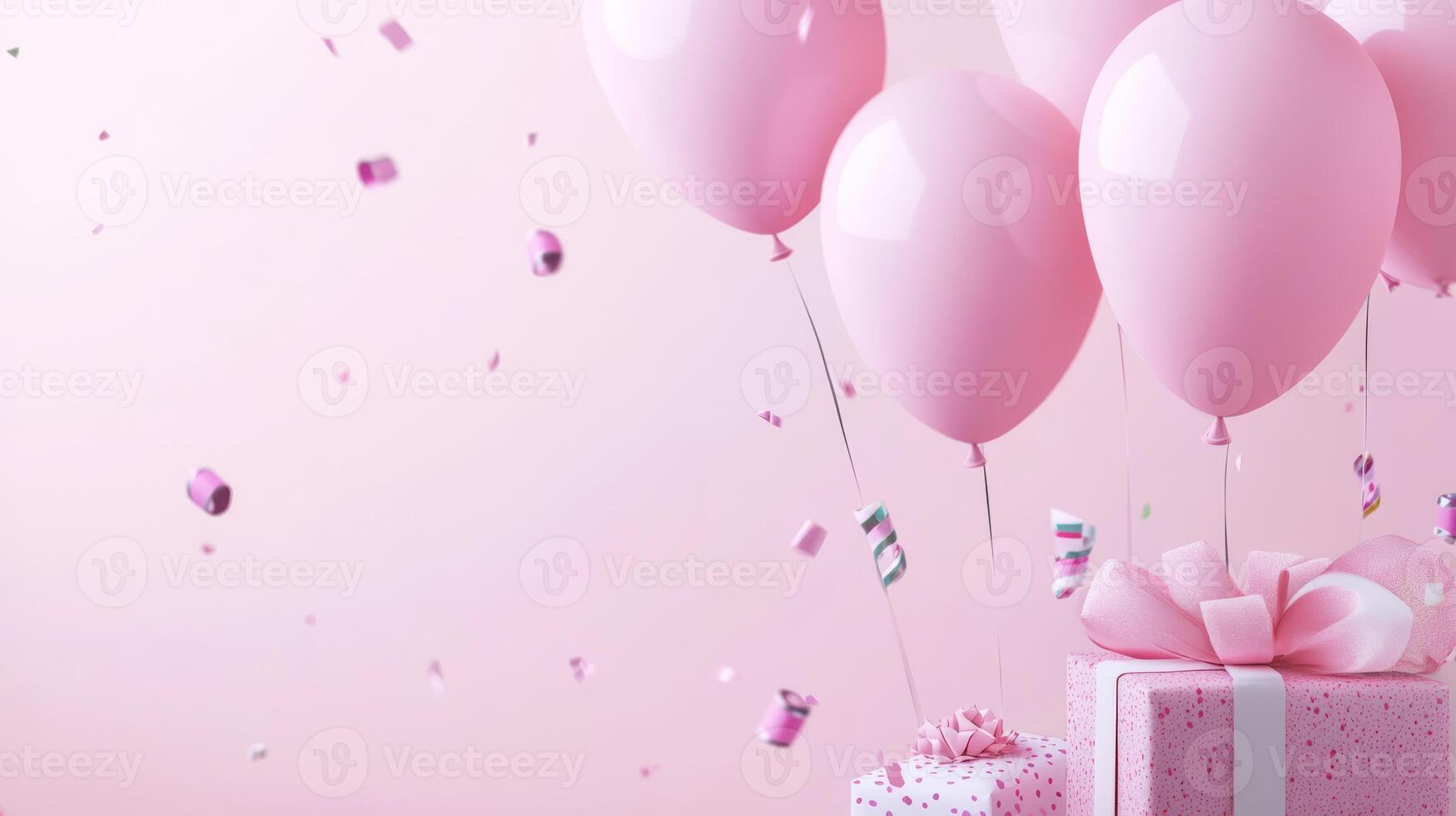 The background has lovely pastel colors, pink balloons, colorful confetti, and a beautifully wrapped gift, creating a joyful atmosphere ideal for a cheerful celebration or festive occasion photo