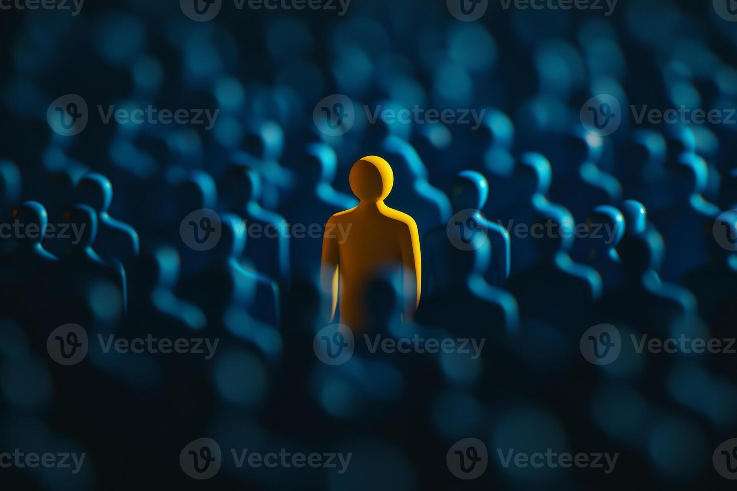 A uniquely distinct yellow figure prominently stands out among a sea of blue silhouettes, representing the essential search for the right and suitable talent during recruitment and hiring processes photo