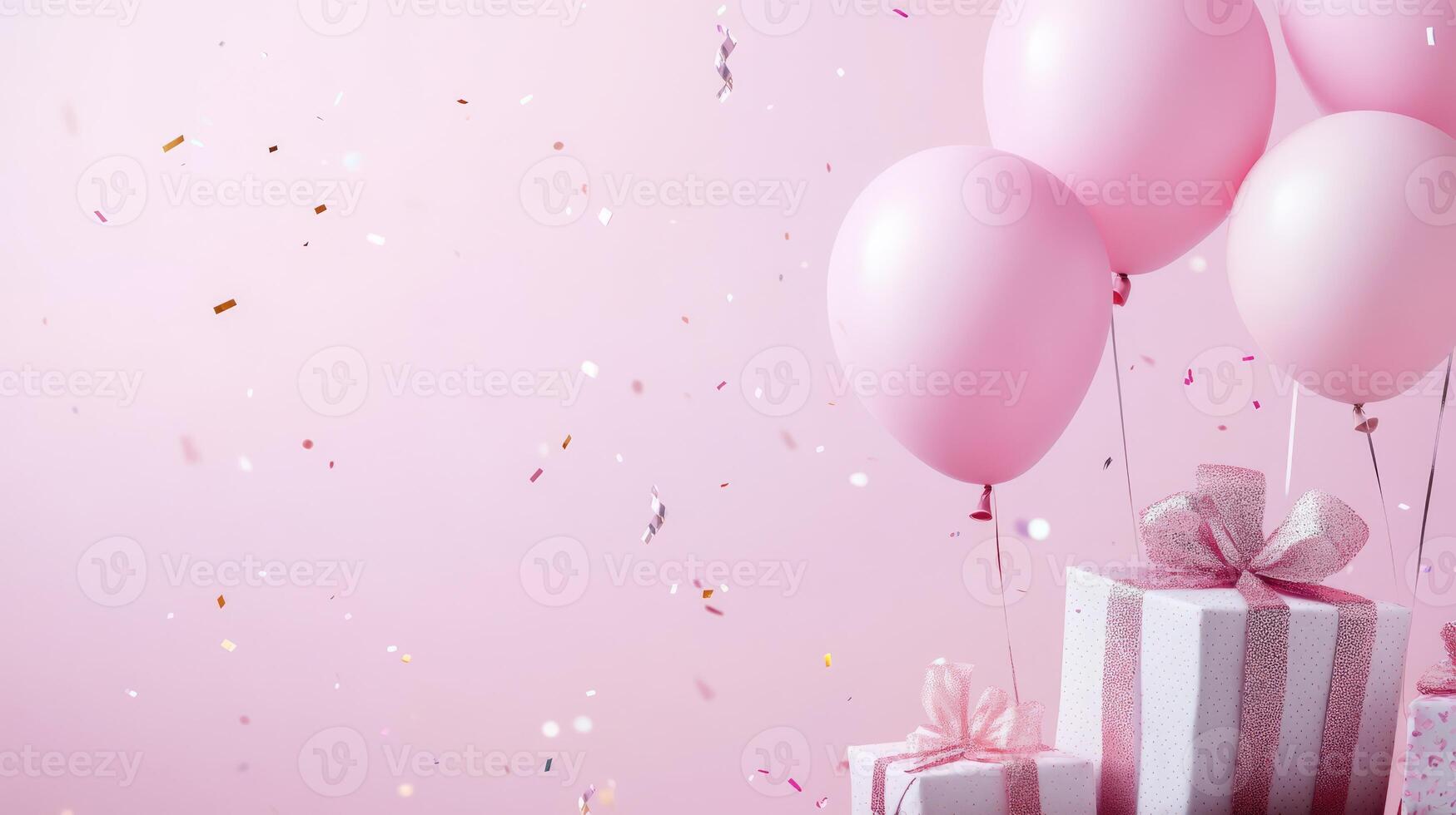 This vibrant and cheerful pink background is adorned with colorful balloons, playful confetti, and delightful gifts, making it absolutely perfect for festive celebrations and exciting events photo