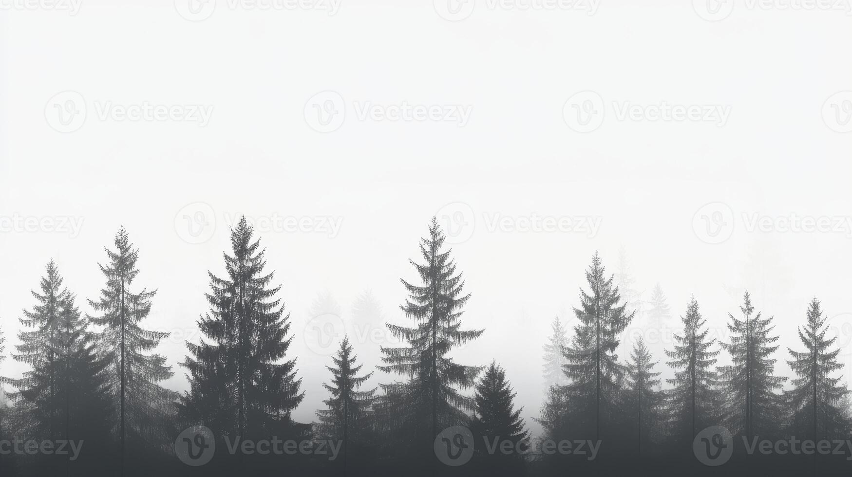 A serene and hazy misty landscape showcases beautifully silhouetted pine trees, collectively creating a tranquil and peaceful atmosphere that immerses us in the beauty of nature all around photo