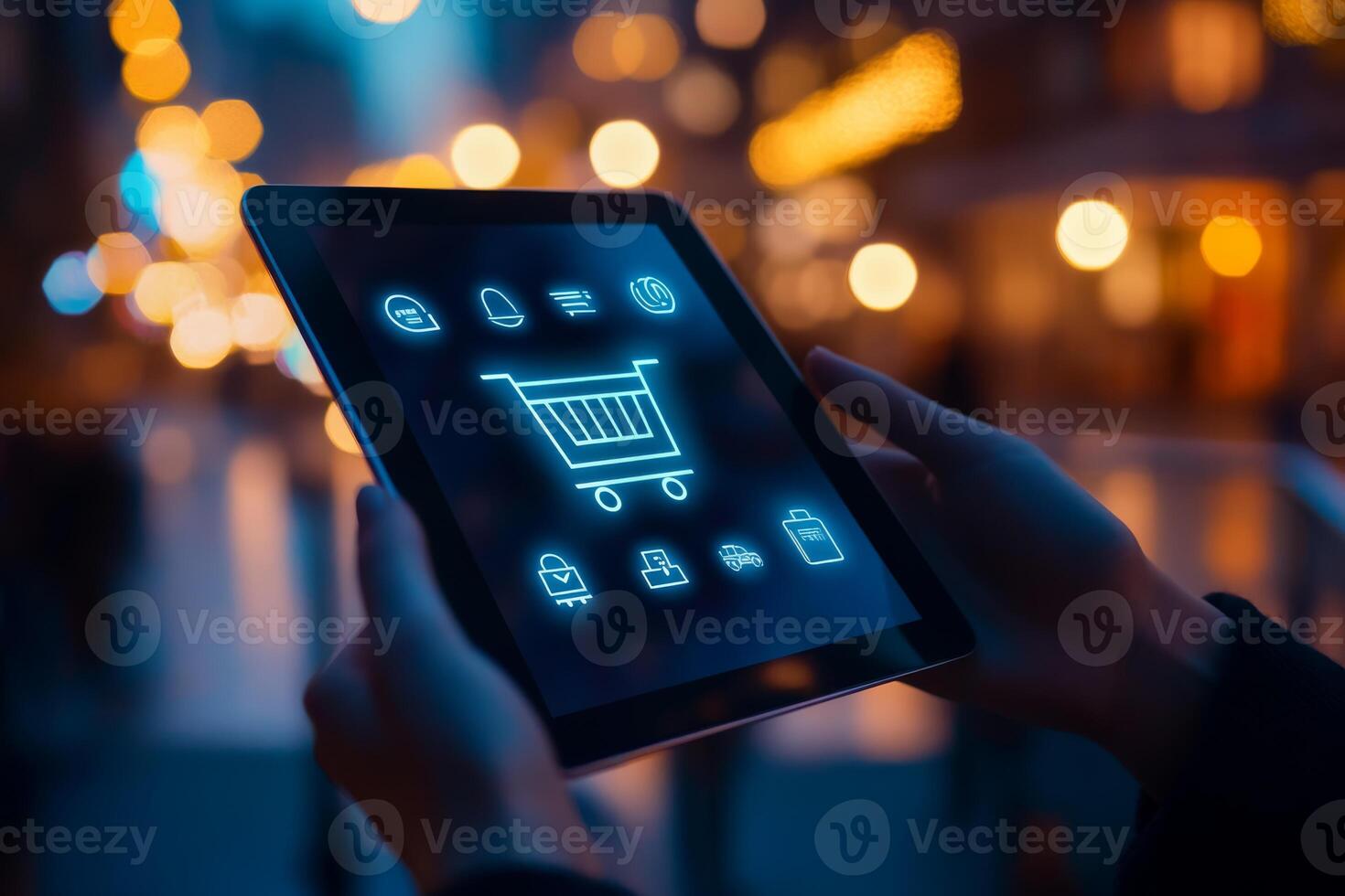A user is navigating through an online shopping app on a tablet, set against the backdrop of a vibrant city evening photo