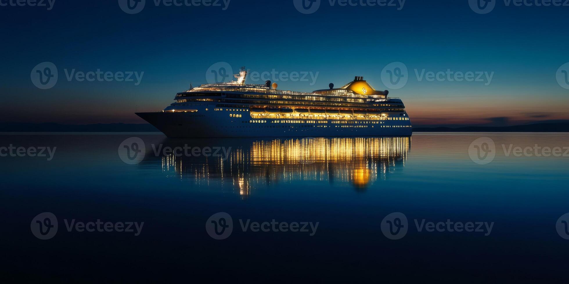 A magnificent cruise ship glows against a twilight sky, its reflections shimmering on tranquil waters. It embodies luxury and adventure, ideal for unforgettable, restful sea journeys photo