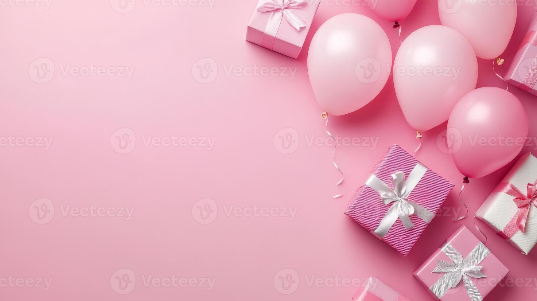 A delightful and cheerful arrangement featuring an abundance of pink balloons and beautifully wrapped gift boxes, making it the perfect choice for any fun festive event or joyful celebration photo