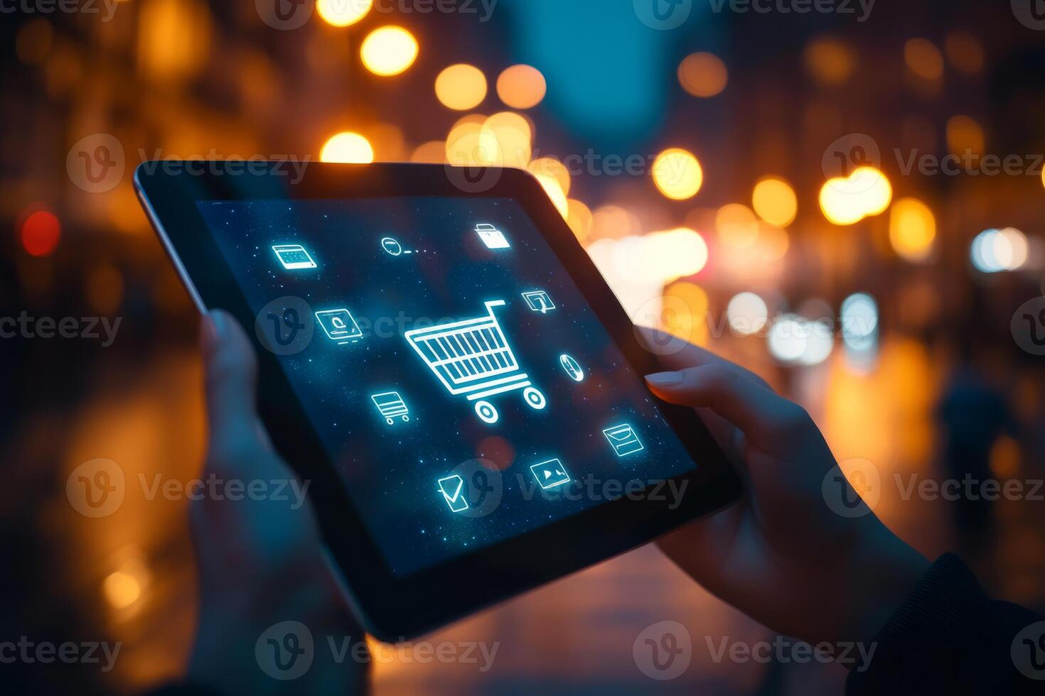 A user interacts with a digital shopping interface on a tablet amidst a vibrant nighttime city atmosphere. photo
