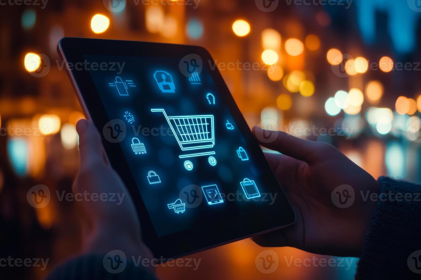 A person is using a tablet to explore various digital shopping options beneath the vibrant city lights photo