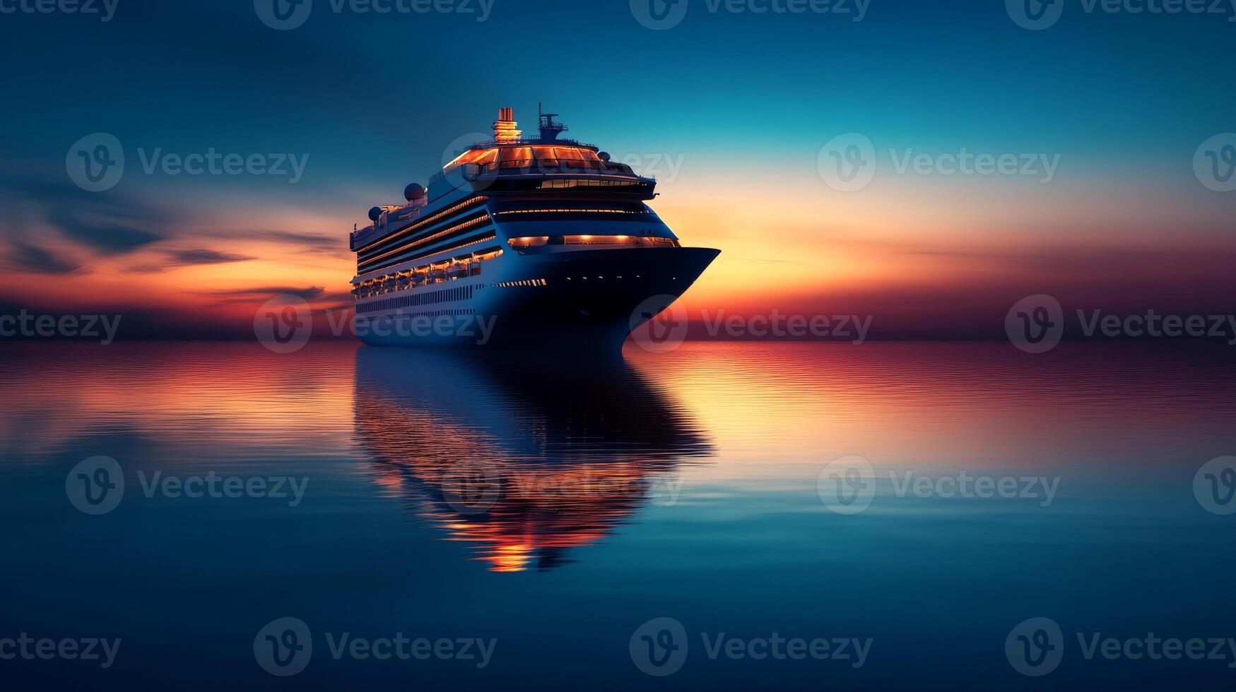 Experience the breathtaking beauty of a luxury cruise ship at twilight, reflecting elegantly on the calm ocean waters, all beneath a serene night sky filled with stars and tranquility photo