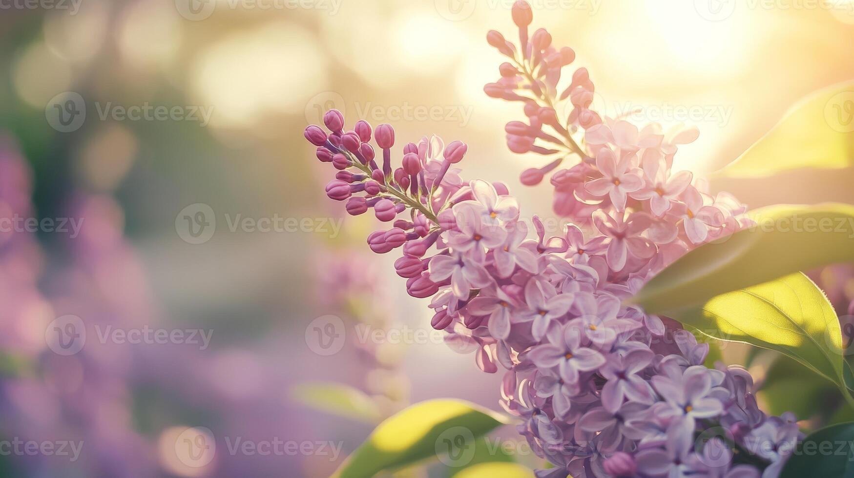 A breathtaking and stunning display of blooming lilac flowers illuminated gently by soft, warm sunlight, set beautifully against a lovely blurred outdoor background that enhances its charm photo