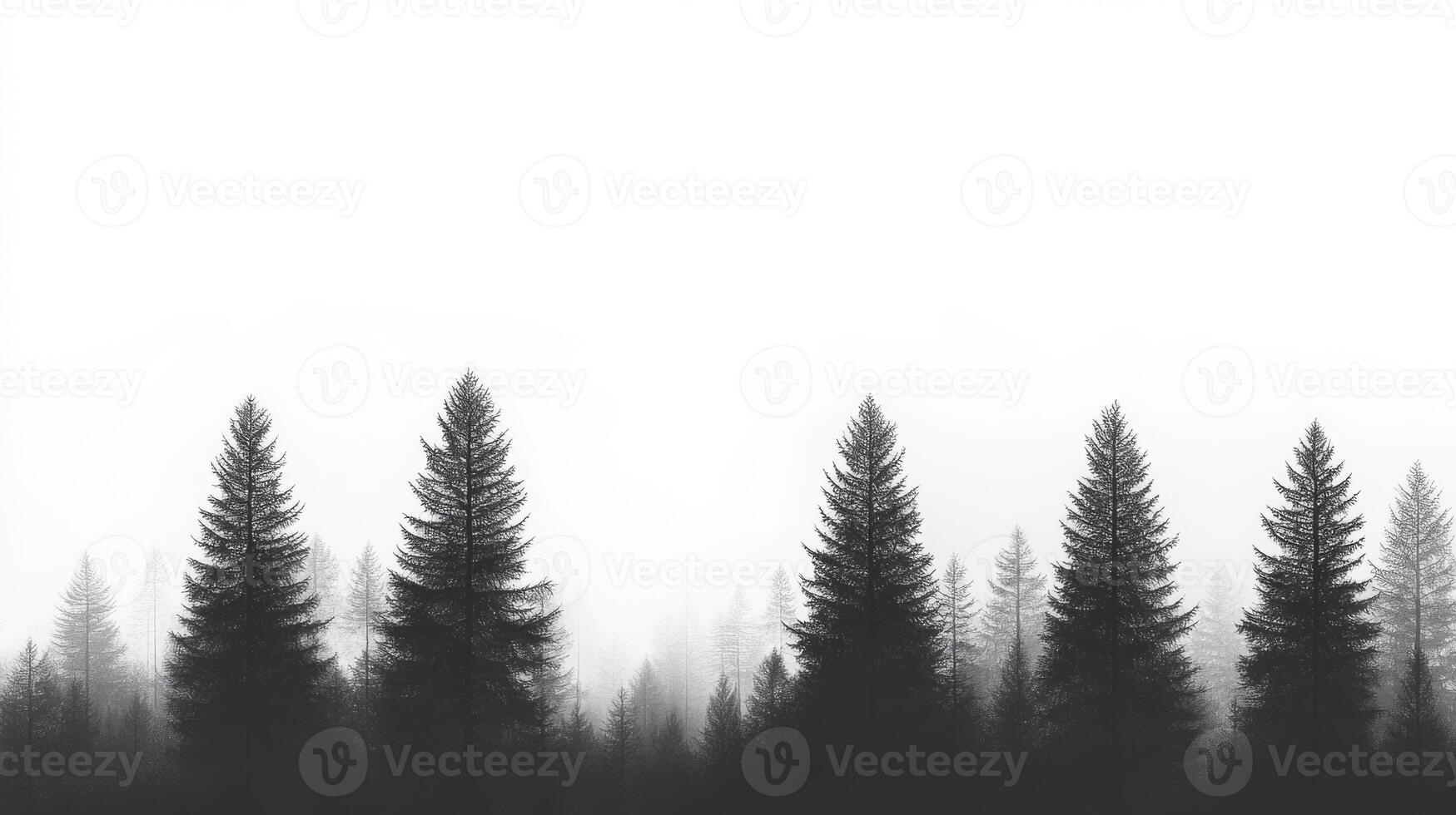 This minimalist image of a foggy forest with silhouetted black pine trees against a bright white background evokes serenity and emotions, encouraging personal reflection and tranquil contemplation photo