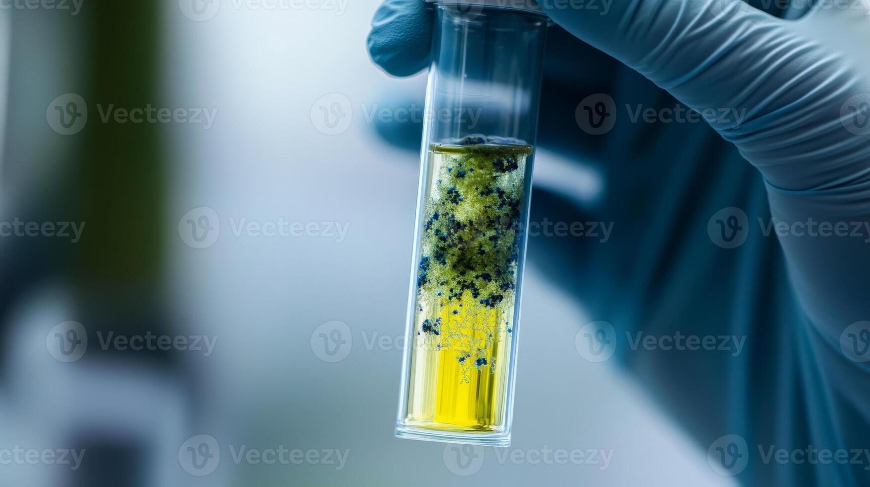 A dedicated scientist in a lab holds a test tube of vibrant yellow liquid containing bacteria, showcasing innovative medical research aimed at understanding diseases and developing solutions photo