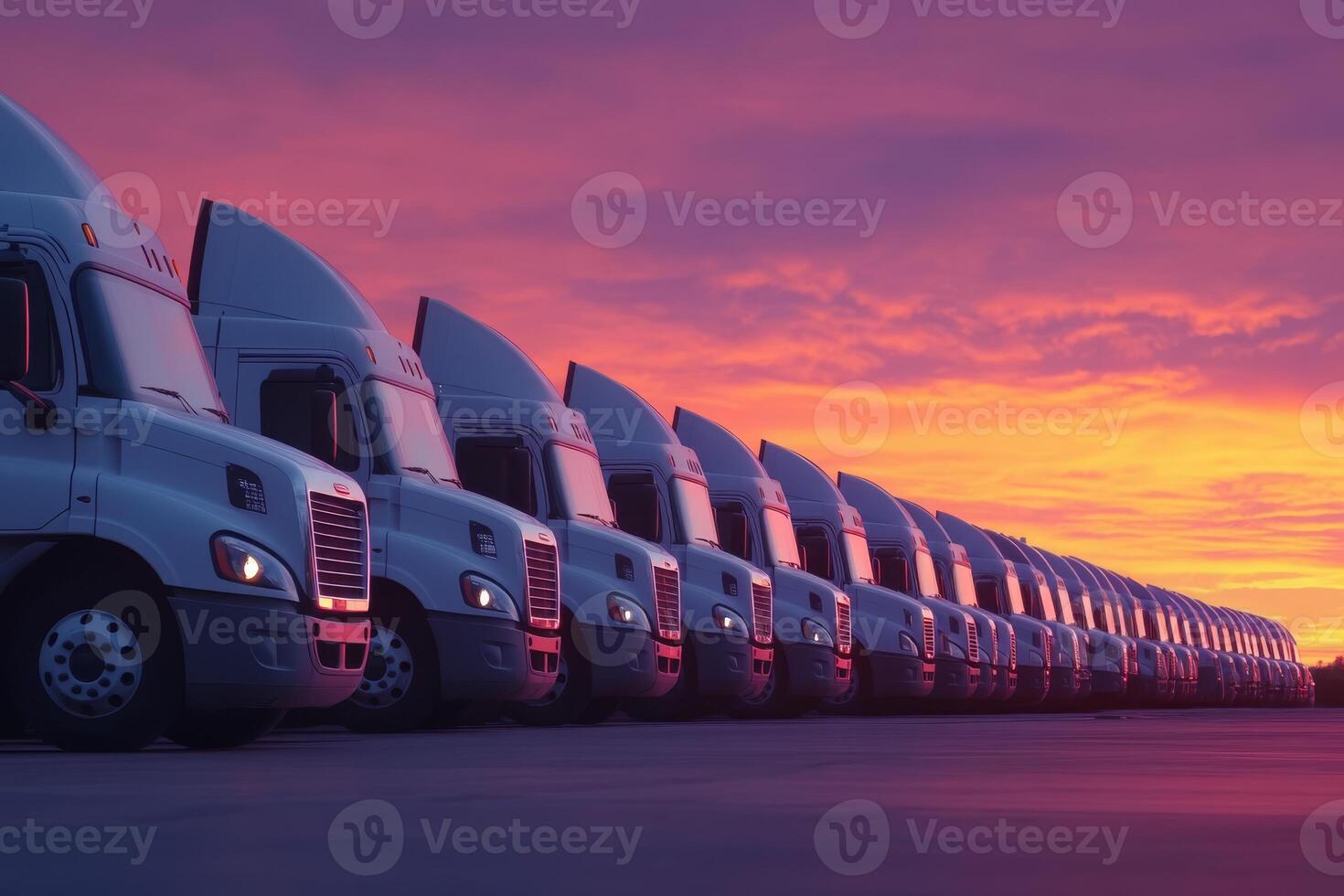 A breathtaking and stunning lineup of trucks is parked in the bustling industrial area, all set and ready for cargo transport as the beautiful sun rises majestically in the early morning sky photo