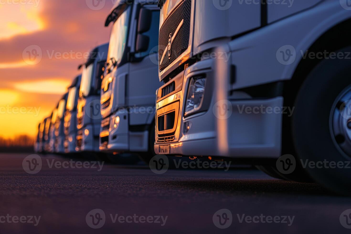 As the sun rises, a line of trucks awaits their turn for essential freight transport, highlighting the importance of logistics and trucking, beautifully lit by the soft morning light photo
