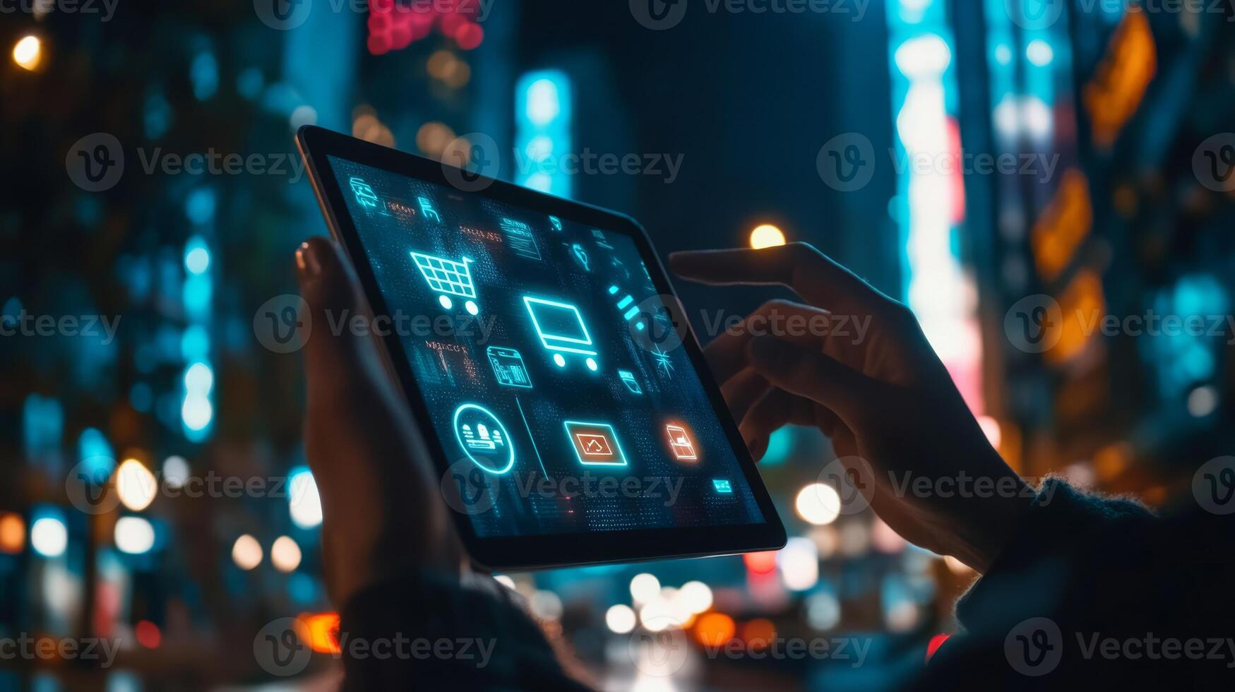 An individual utilizing a tablet device within a colorful and lively urban setting, illustrating digital interaction photo
