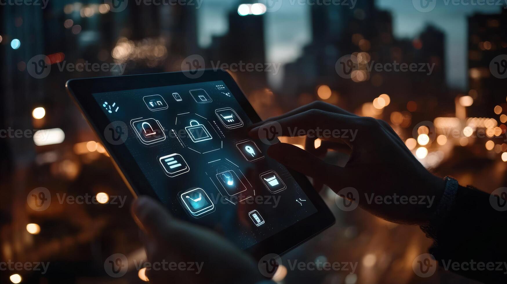 A user is interacting with a smart tablet, exploring various app features against a stunning city skyline at night photo
