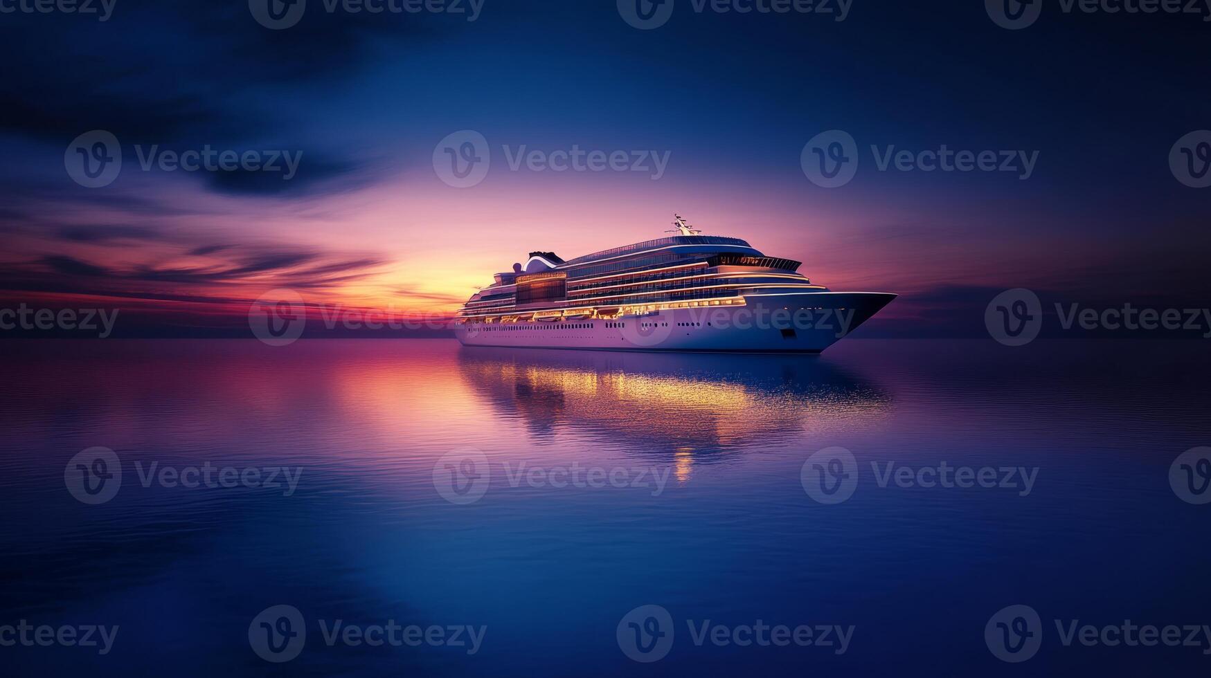 A serene evening view of a luxury cruise ship illuminated against a calm ocean, reflecting the stunning twilight colors of the sunset photo