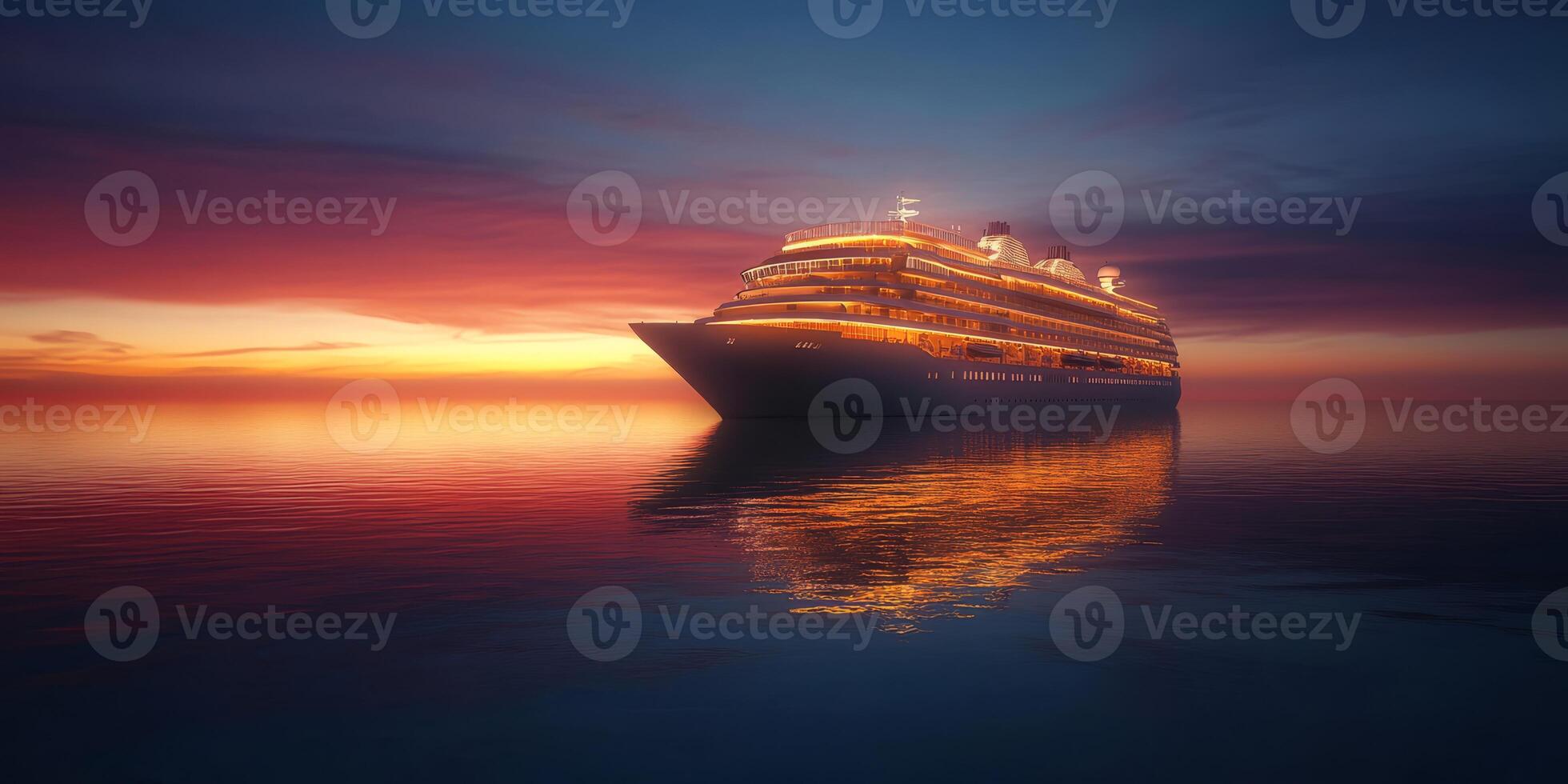 A luxurious cruise ship glides over calm twilight waters, illuminated by a stunning sunset, embodying ultimate luxury travel and thrilling exploration opportunities on the horizon photo