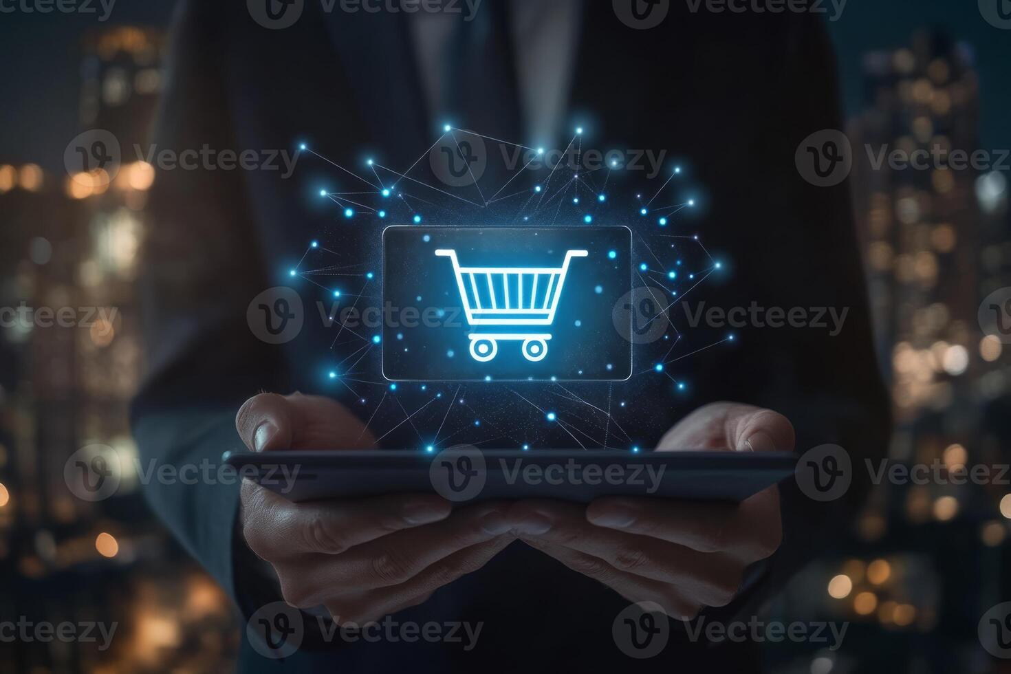 An innovative digital shopping concept featuring a virtual cart and advanced tech in a vibrant city photo