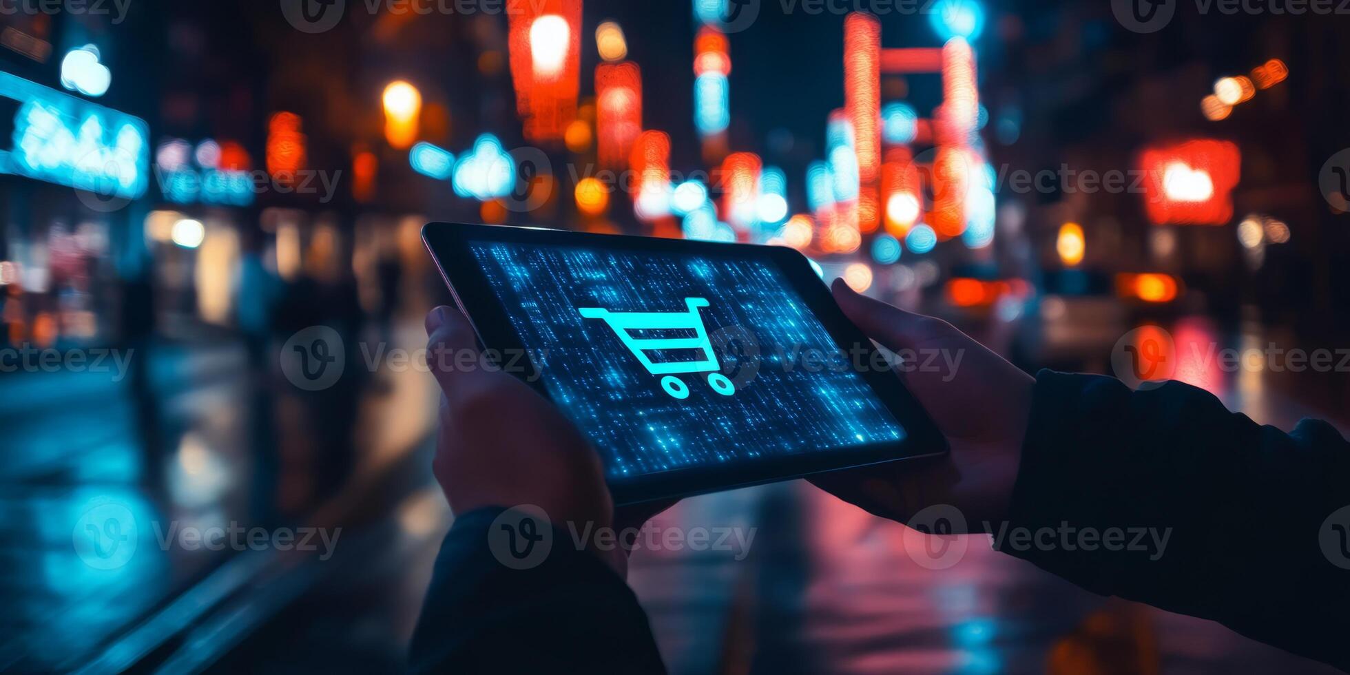 A person is shopping online late at night in a vibrant and illuminated urban environment full of life photo