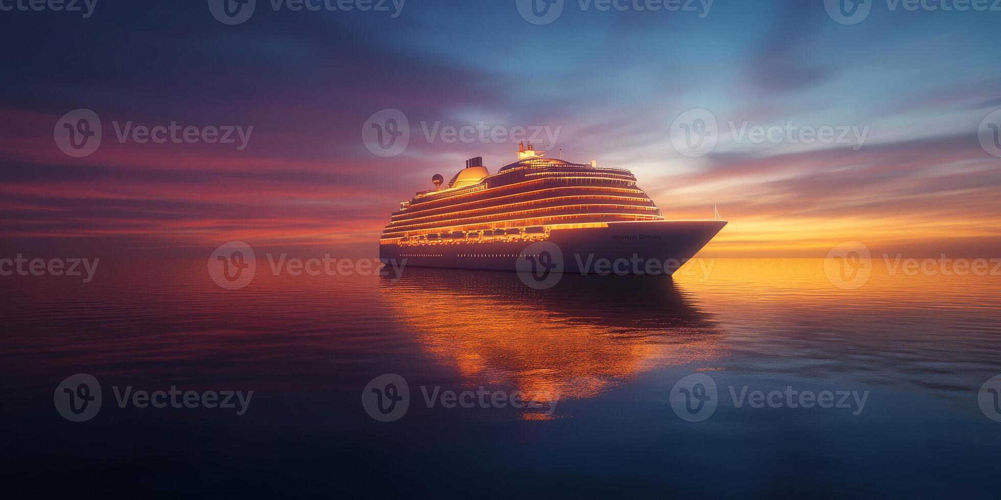A luxury cruise ship illuminated at twilight, floating on tranquil waters and reflecting stunning sunset colors, offers an unforgettable journey filled with leisure and exploration photo